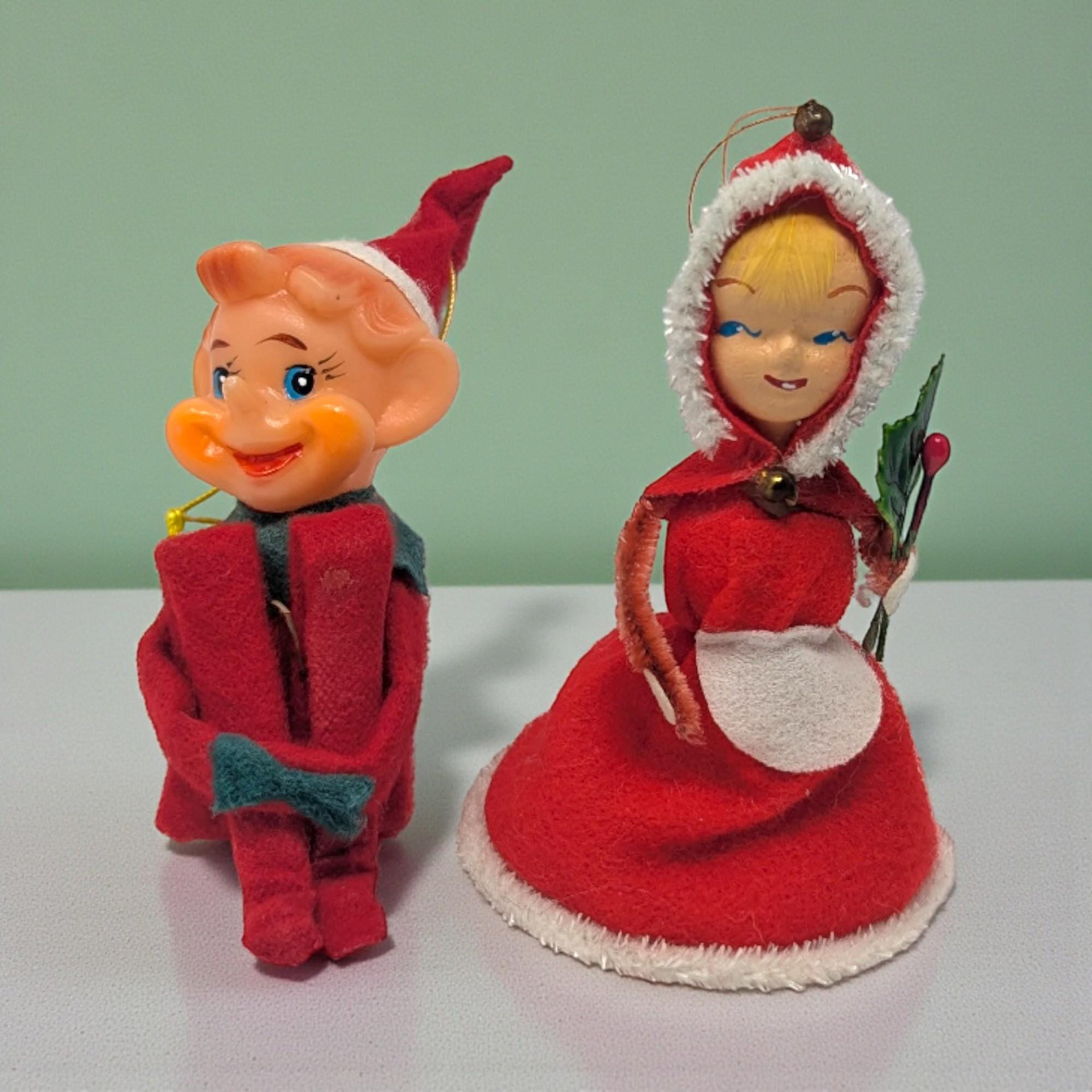 Vintage Pair of Christmas Ornaments Knee Hugger Elf and Velvet Girl
