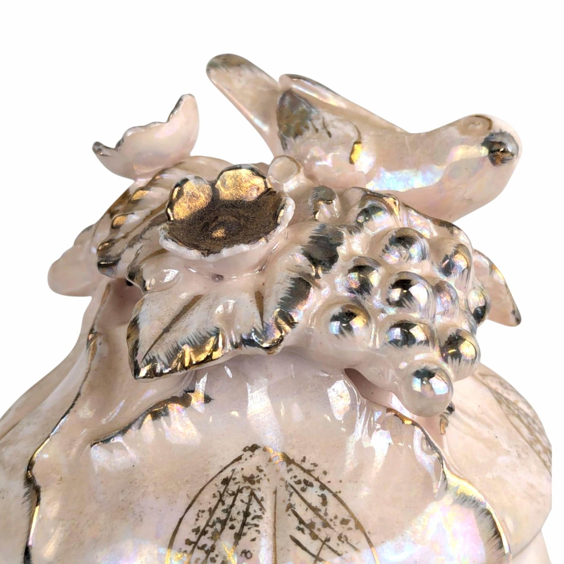 Vintage Pink Iridescent Ceramic Bird and Grape Compote