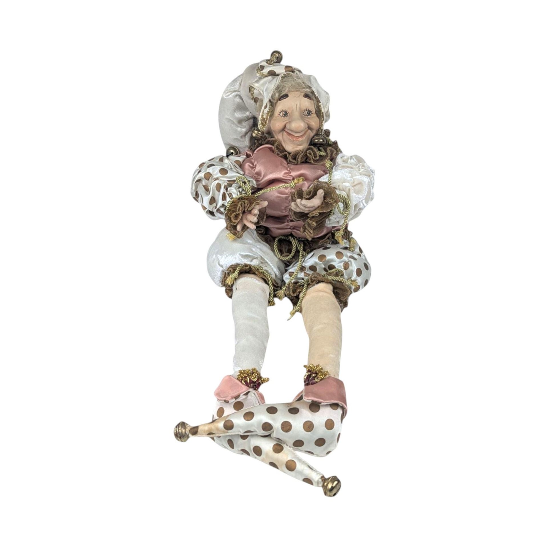 Vintage Pink and White Jester Doll with Gold Accents