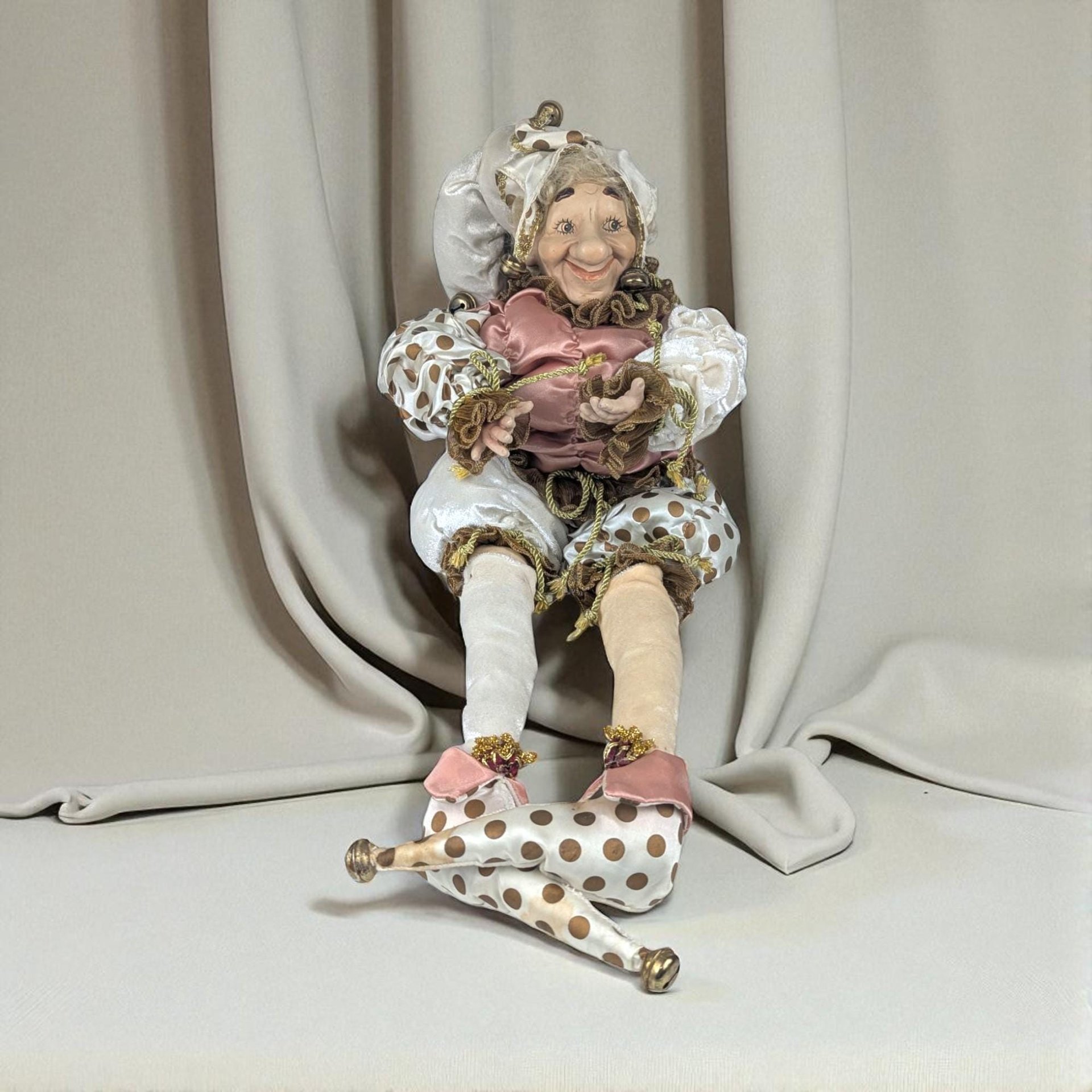 Vintage Pink and White Jester Doll with Gold Accents