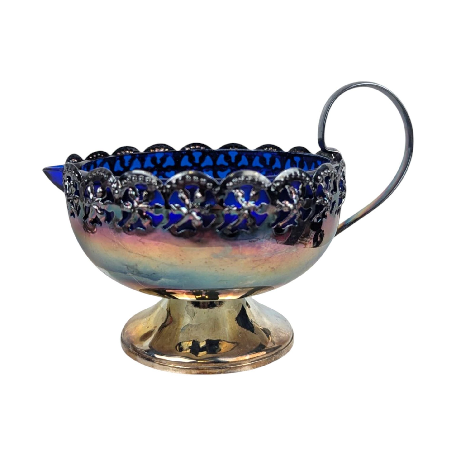 Vintage Celtic Silverplate and Cobalt Blue Glass Cream and Sugar Set