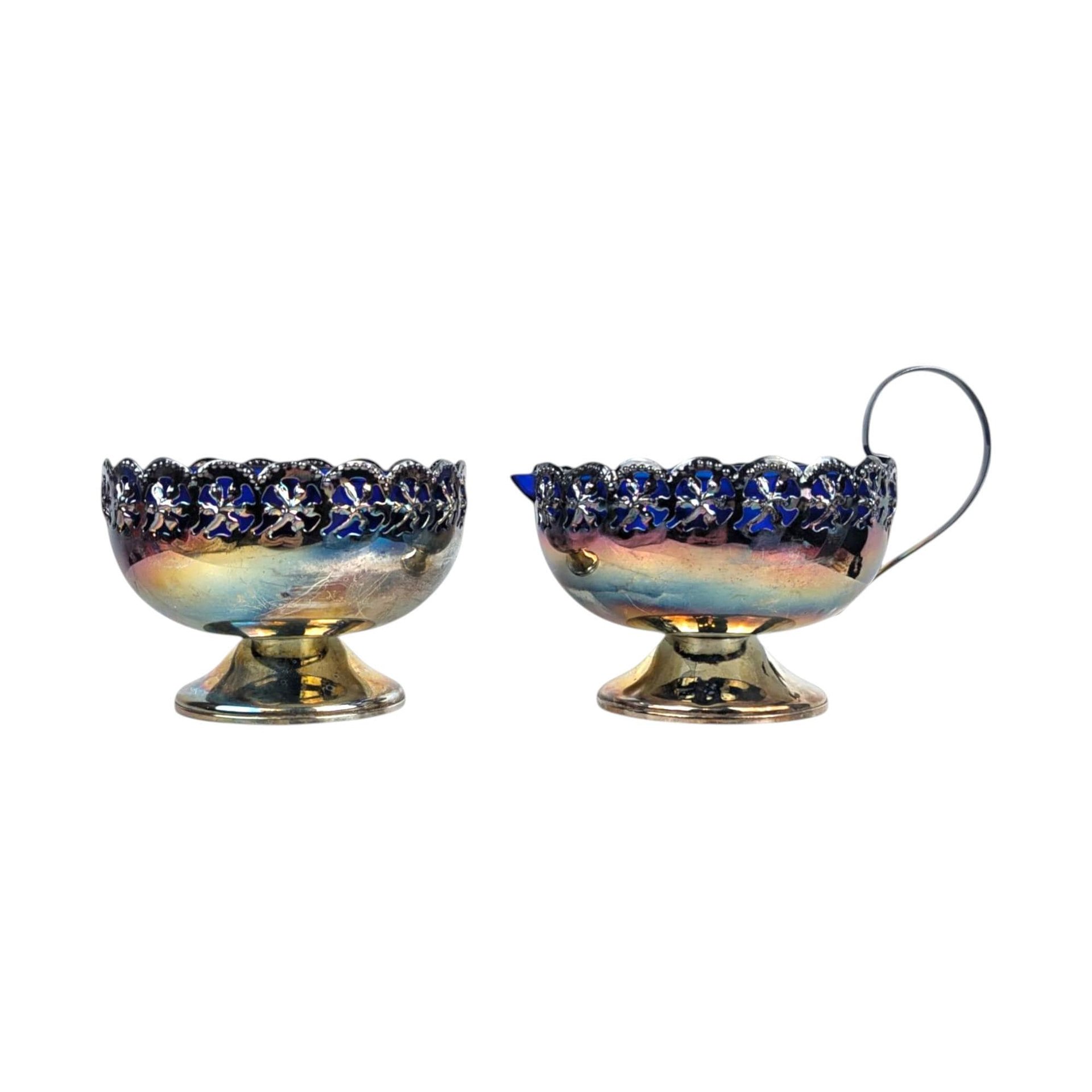 Vintage Celtic Silverplate and Cobalt Blue Glass Cream and Sugar Set