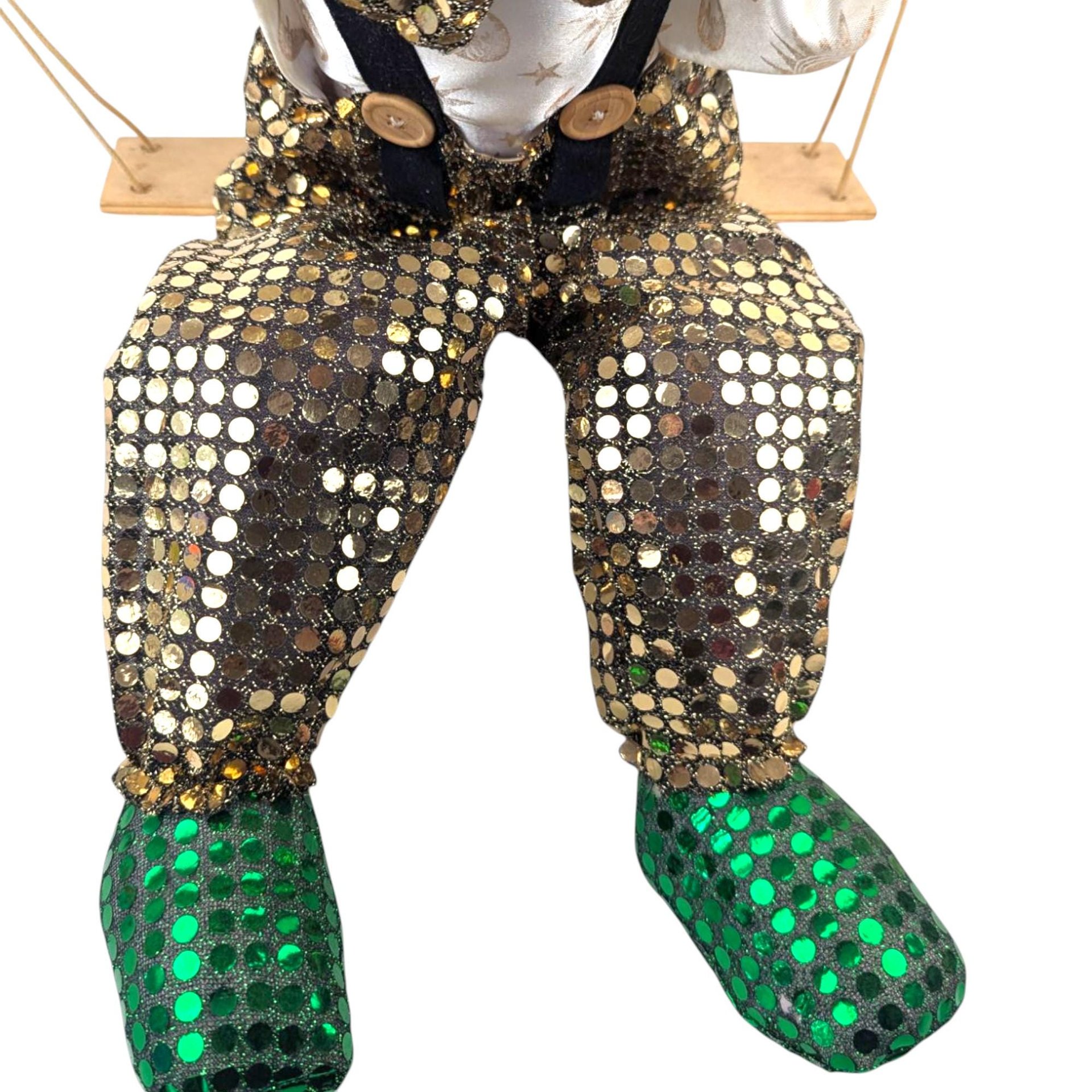 Vintage Green and Gold Porcelain Swinging Clown Doll