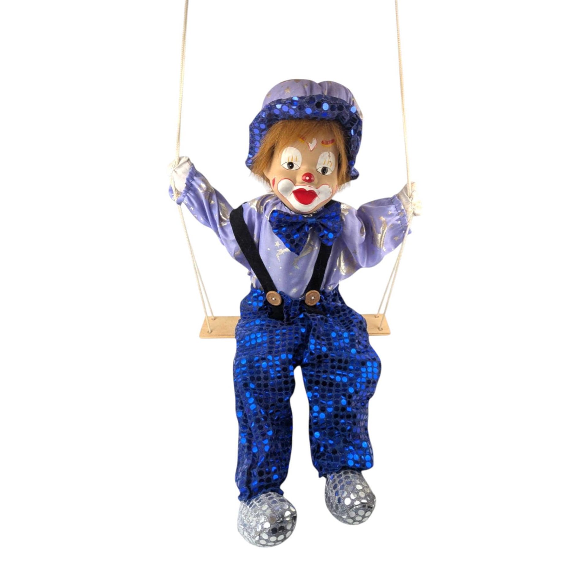 Vintage Purple and Blue Porcelain Swinging Clown Doll