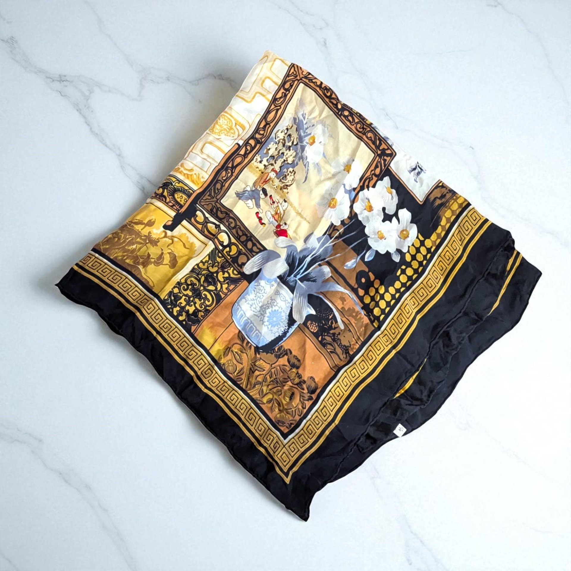 Vintage Huali Large Chinoiserie Silk Scarf