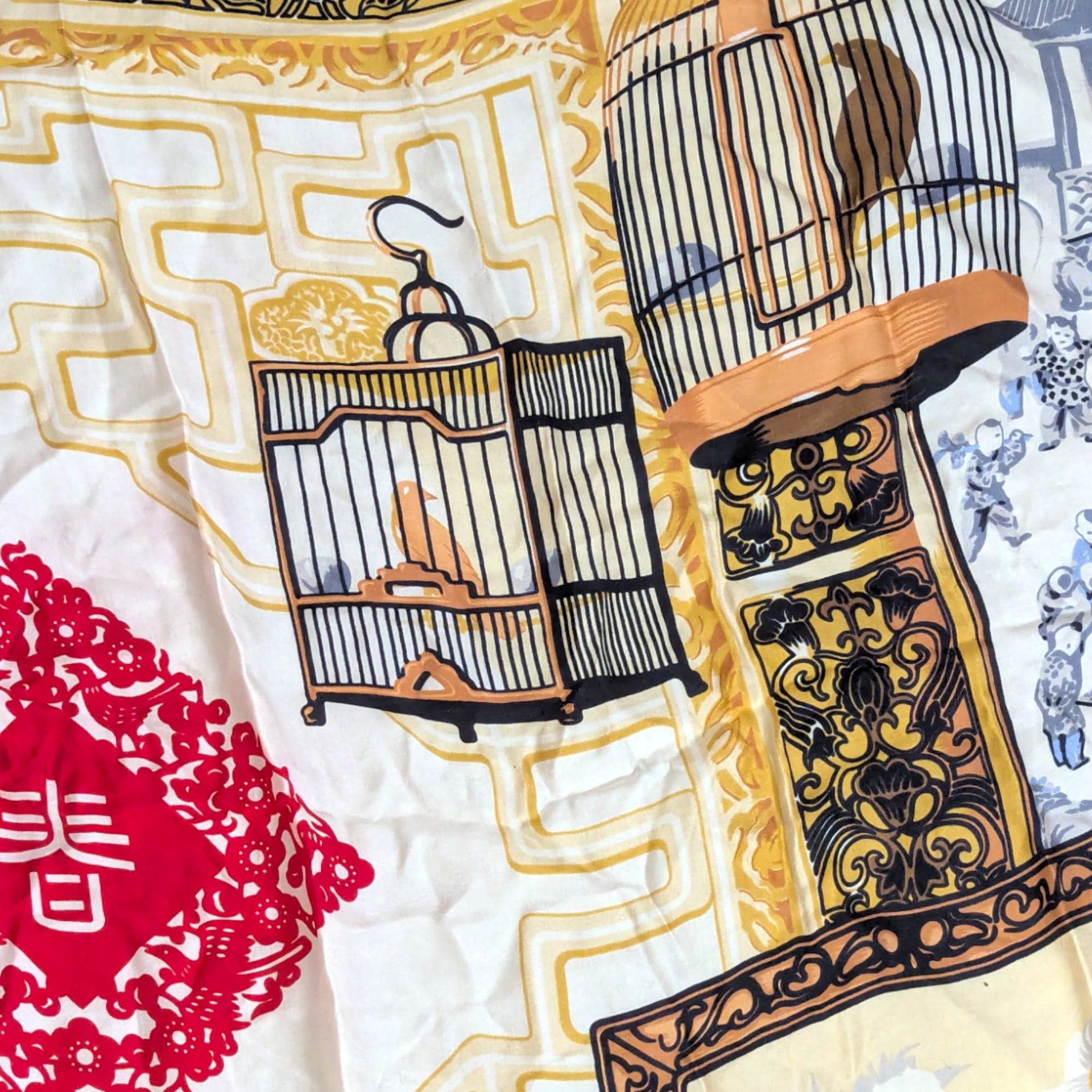 Vintage Huali Large Chinoiserie Silk Scarf