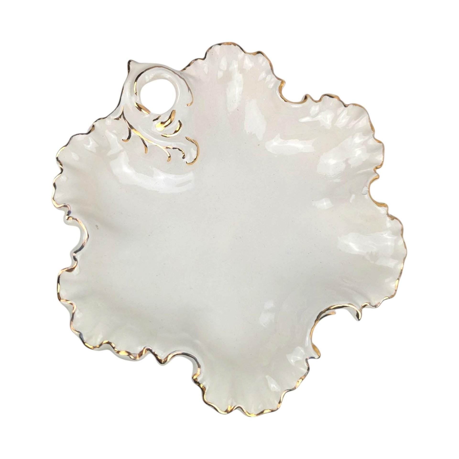 1987 Leaf-Shaped Cream Ceramic Trinket Dish
