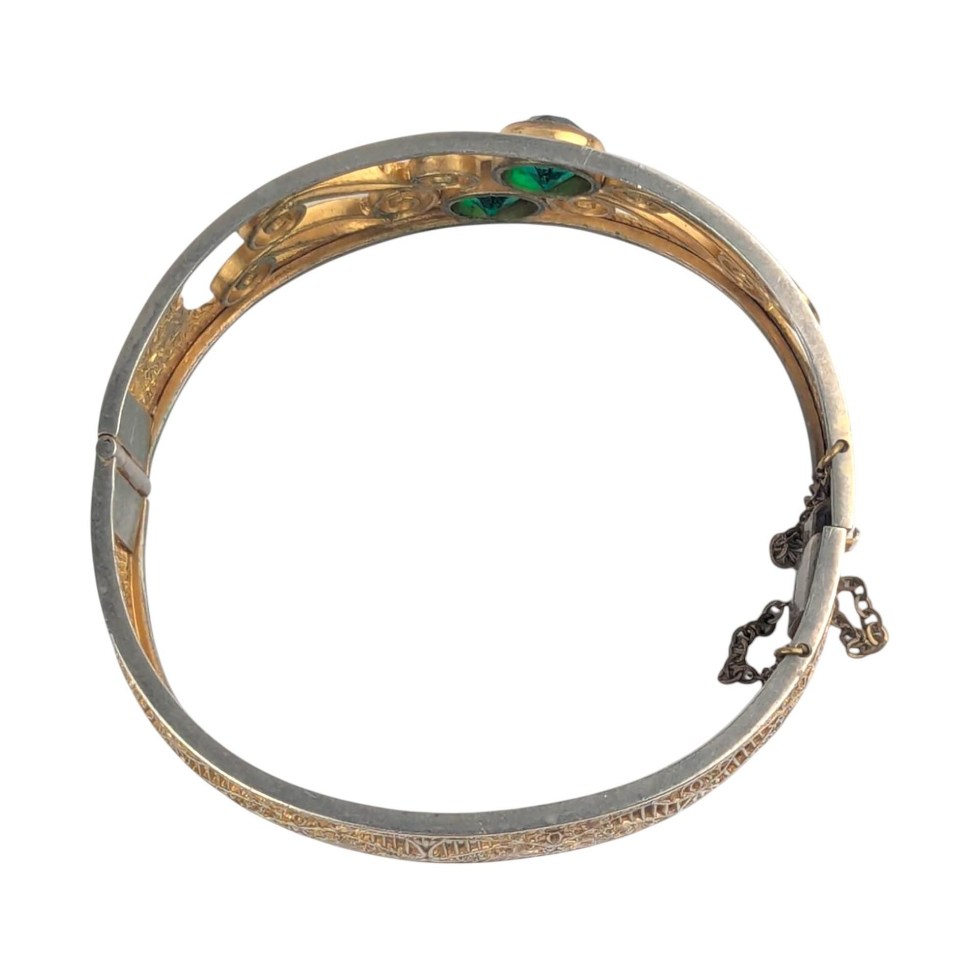 Vintage Filigree Gold Tone Bracelet with Emerald Green Rhinestones
