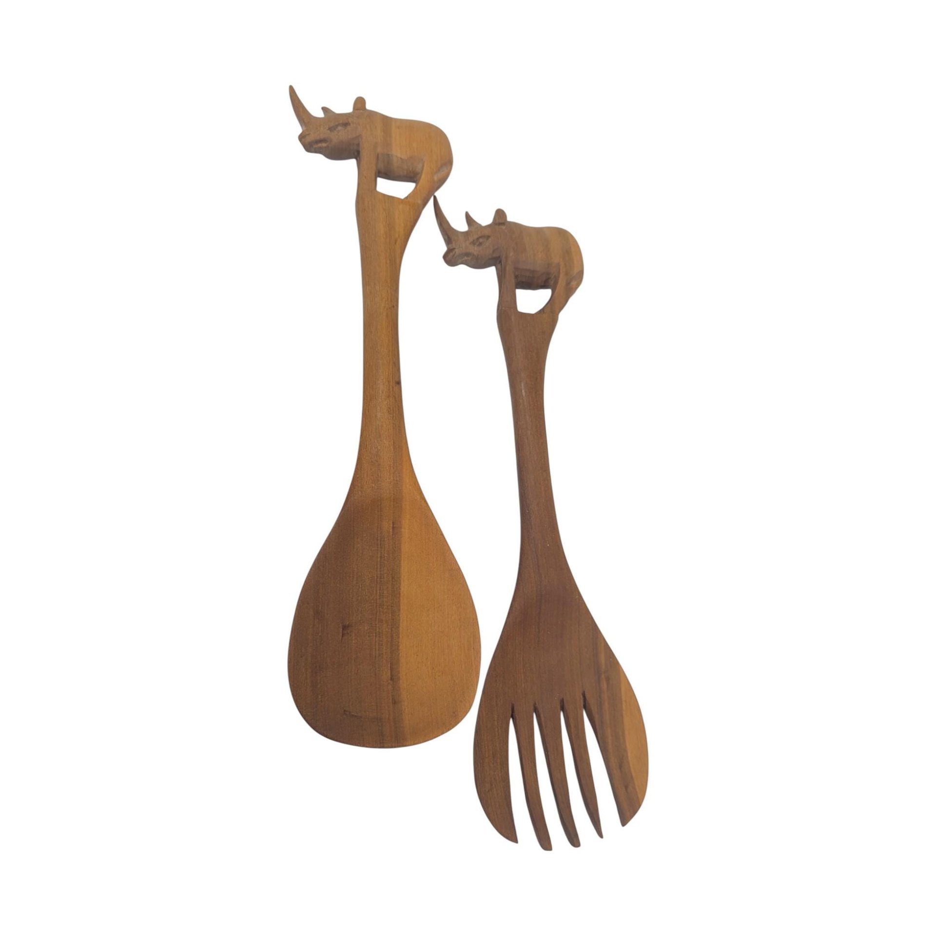 Vintage Hand Carved Wood Bowl with Animal Utensils