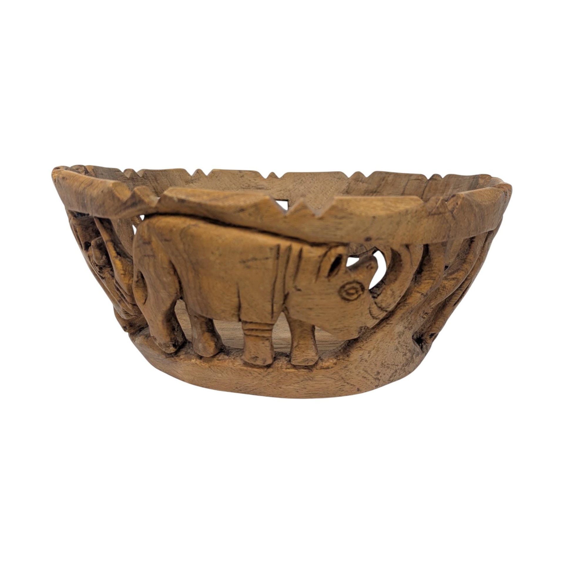 Vintage Hand Carved Wood Bowl with Animal Utensils