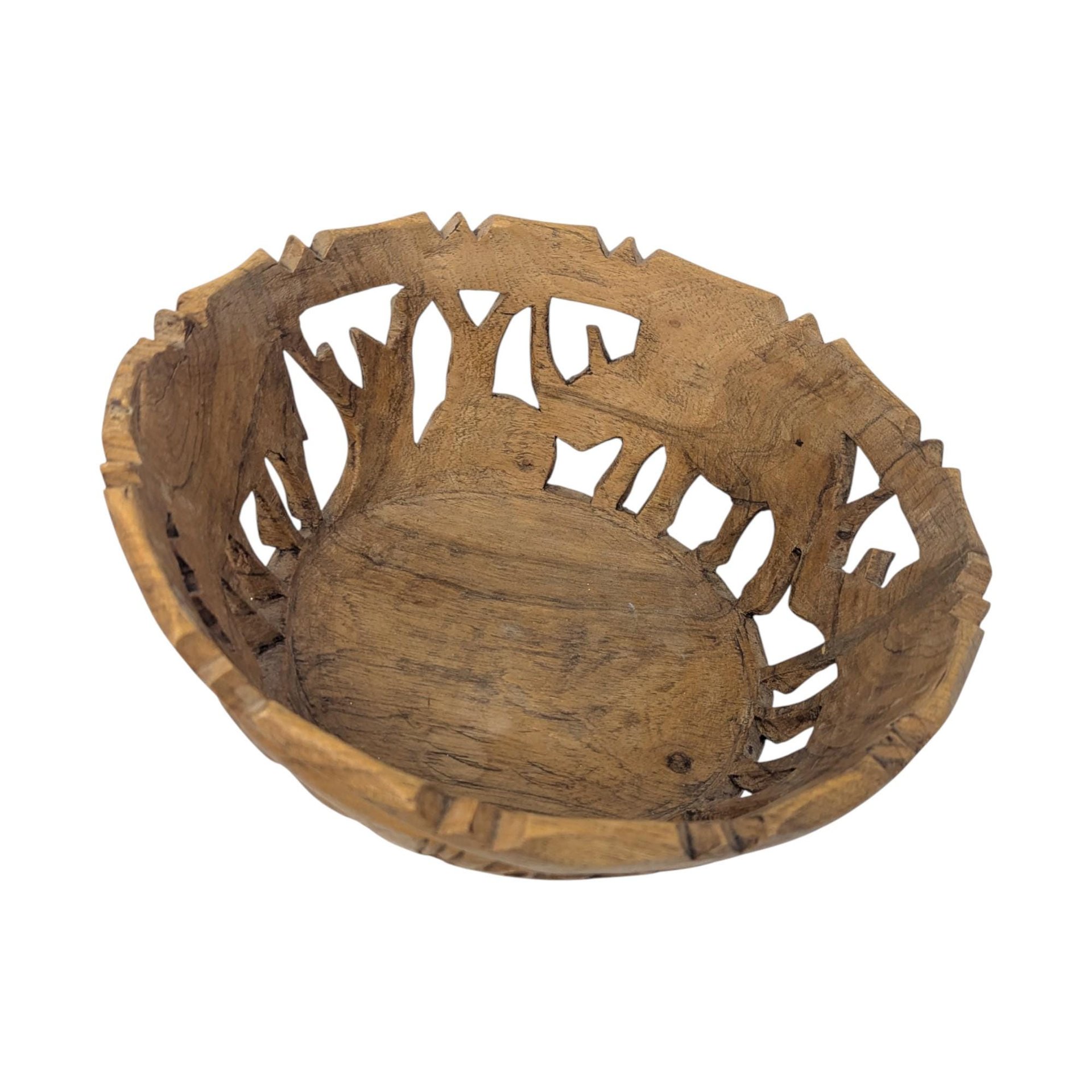 Vintage Hand Carved Wood Bowl with Animal Utensils