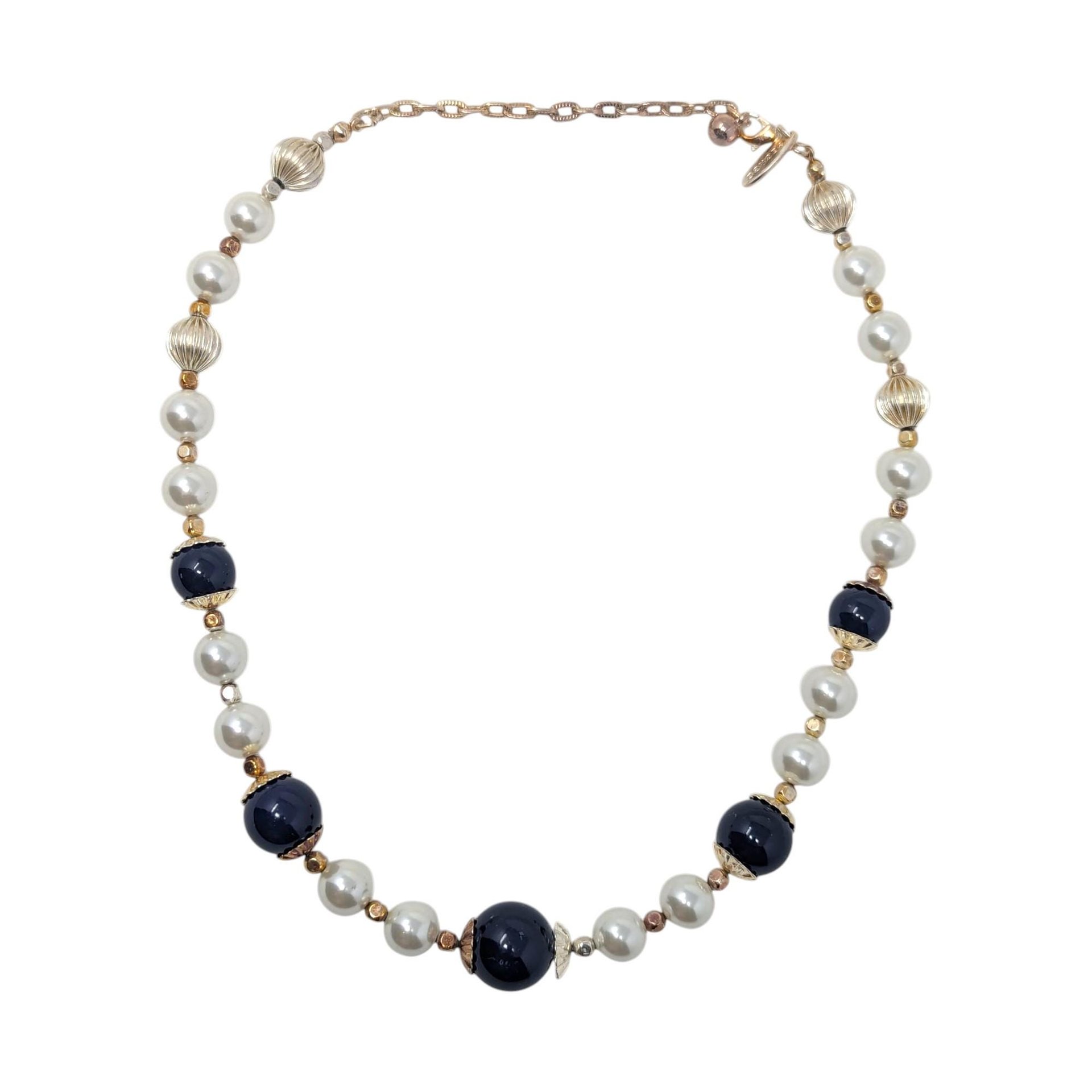 Vintage George Signed Blue, White & Gold Glass Bead Necklace