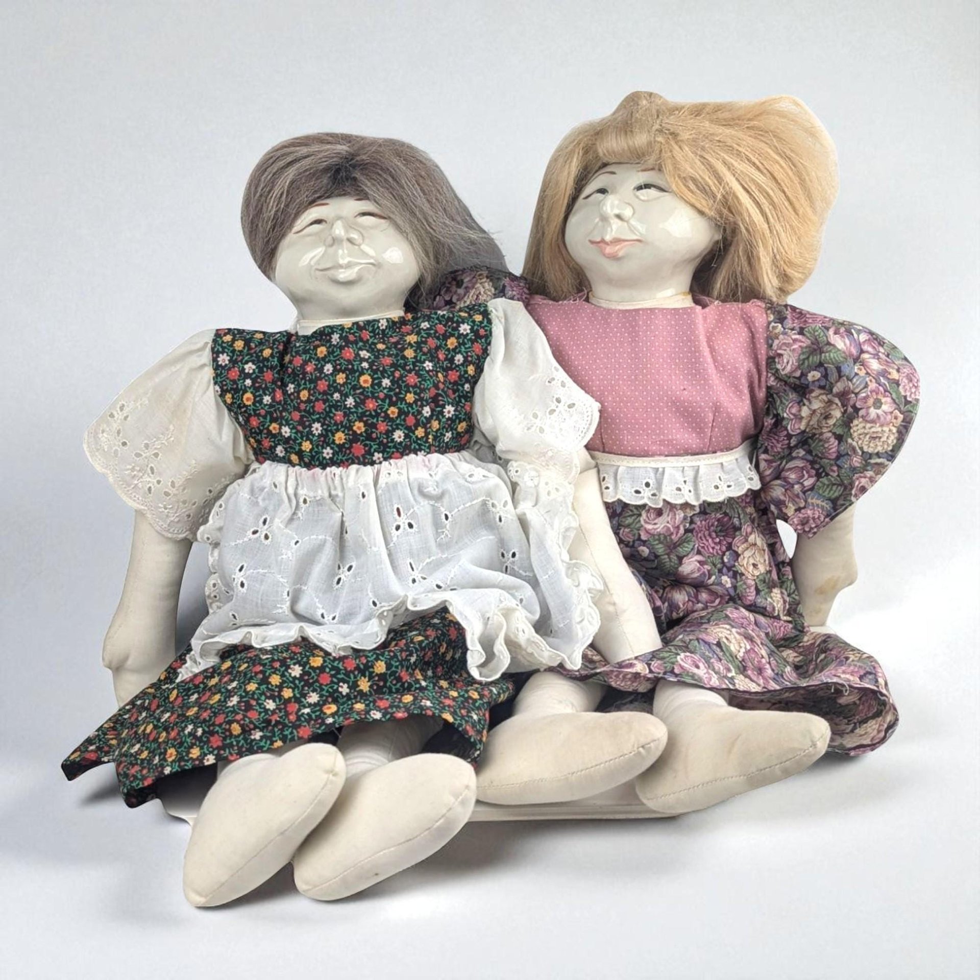 1970s Barbara Lorin Folk Art Porcelain Doll Pair