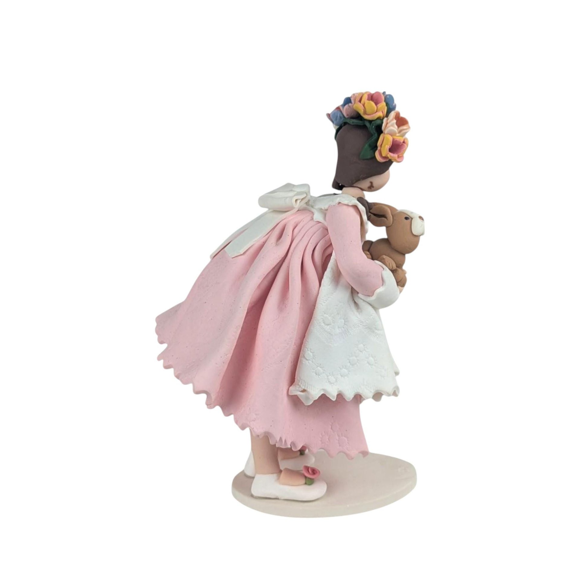 Vintage Handmade Clay Girl with Bunny Figurine