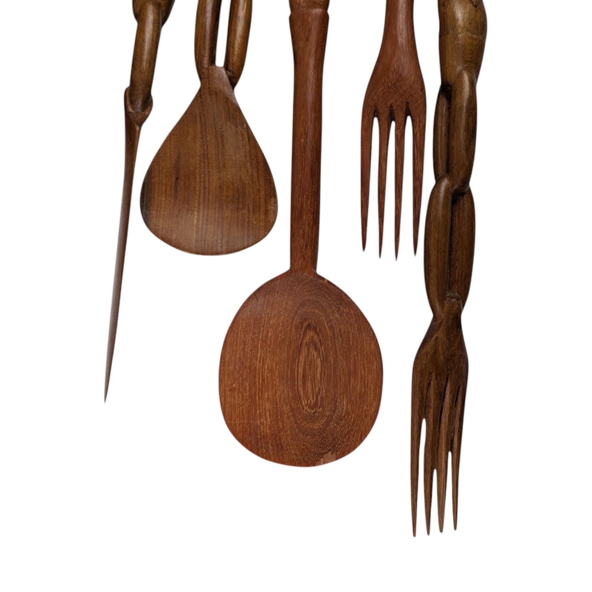 Vintage Hand Carved African Tribal Wooden Utensil Set