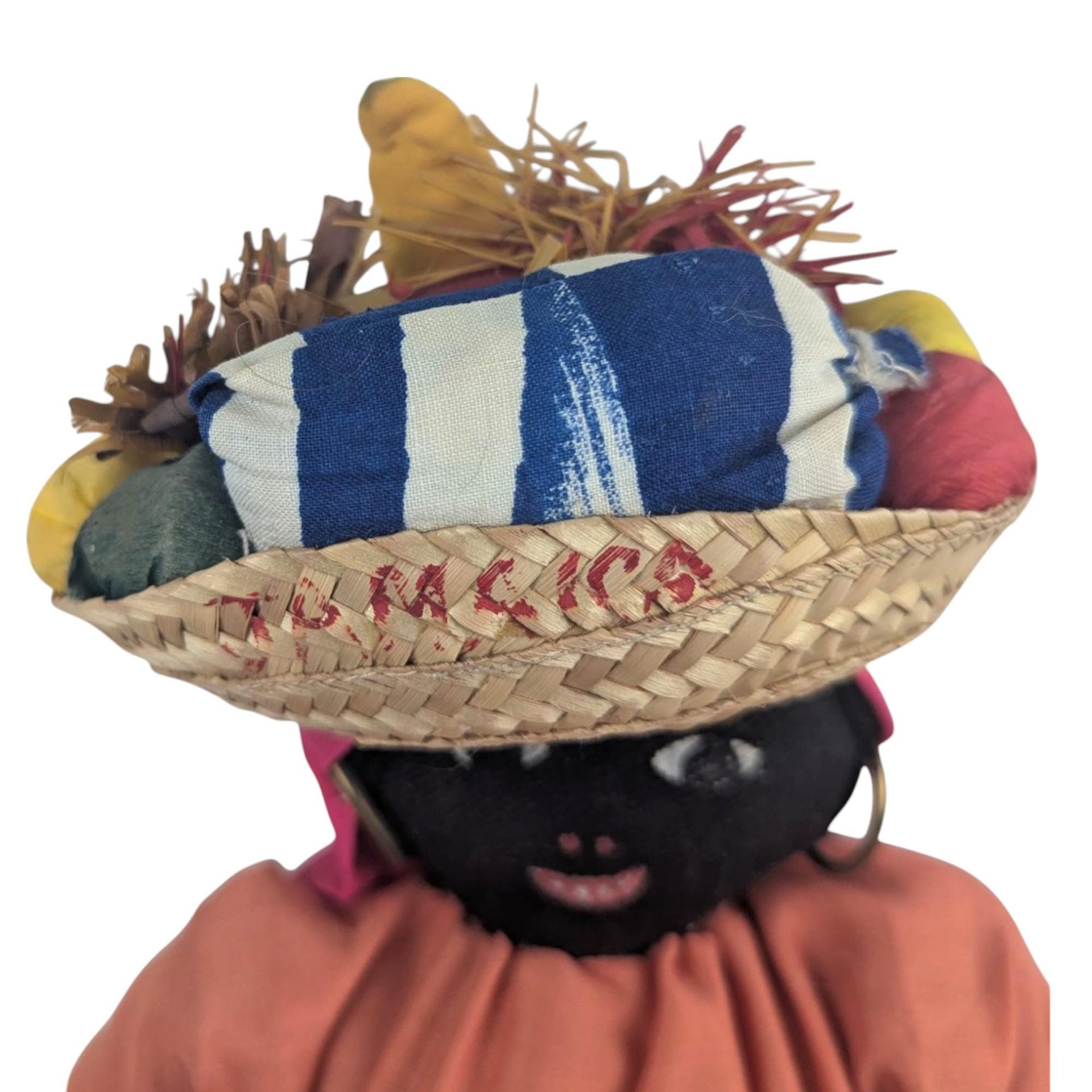 Vintage 17" Jamaican Cloth Doll with Fruit Basket Hat