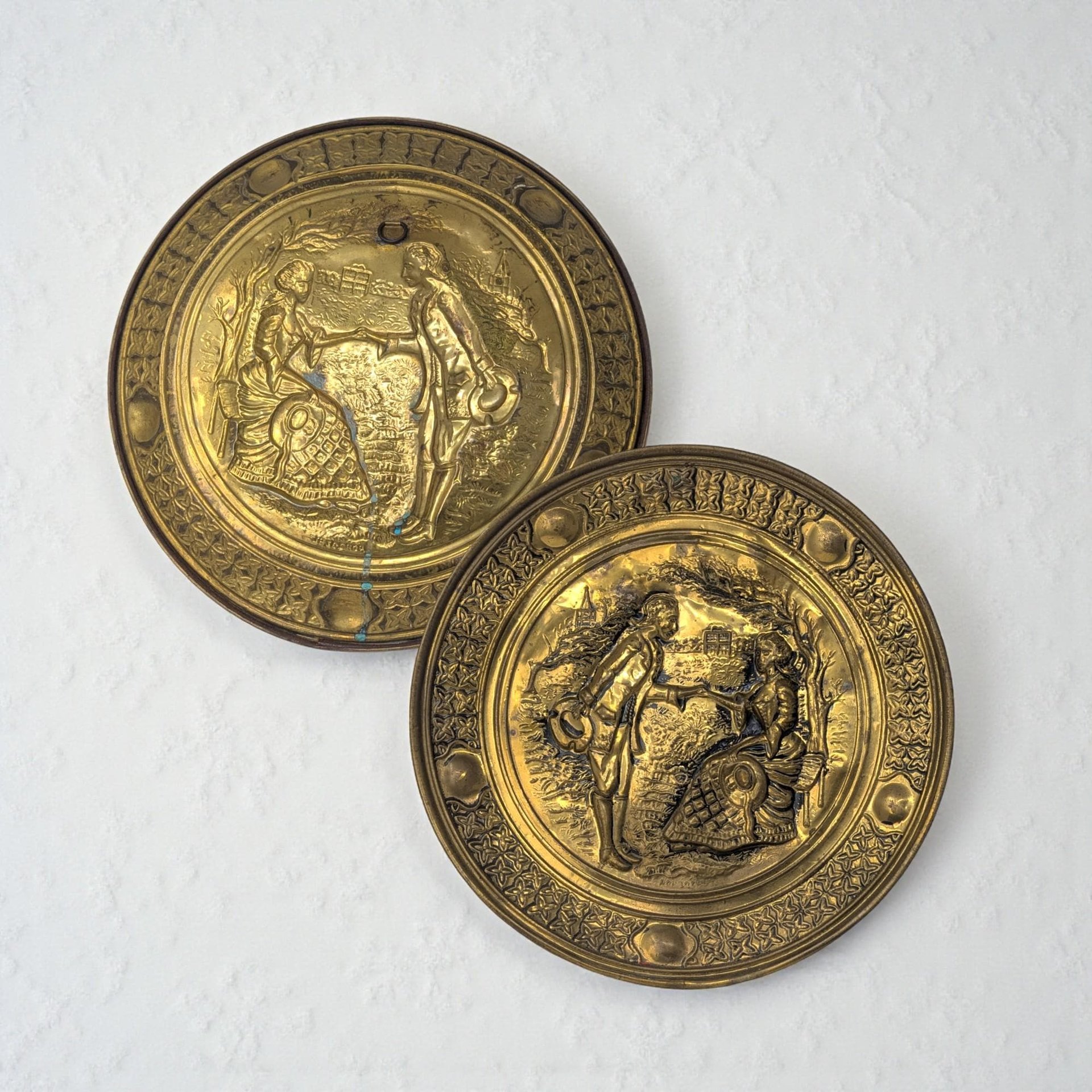 Vintage Large 14-Inch Brass Courting Scene Wall Plates