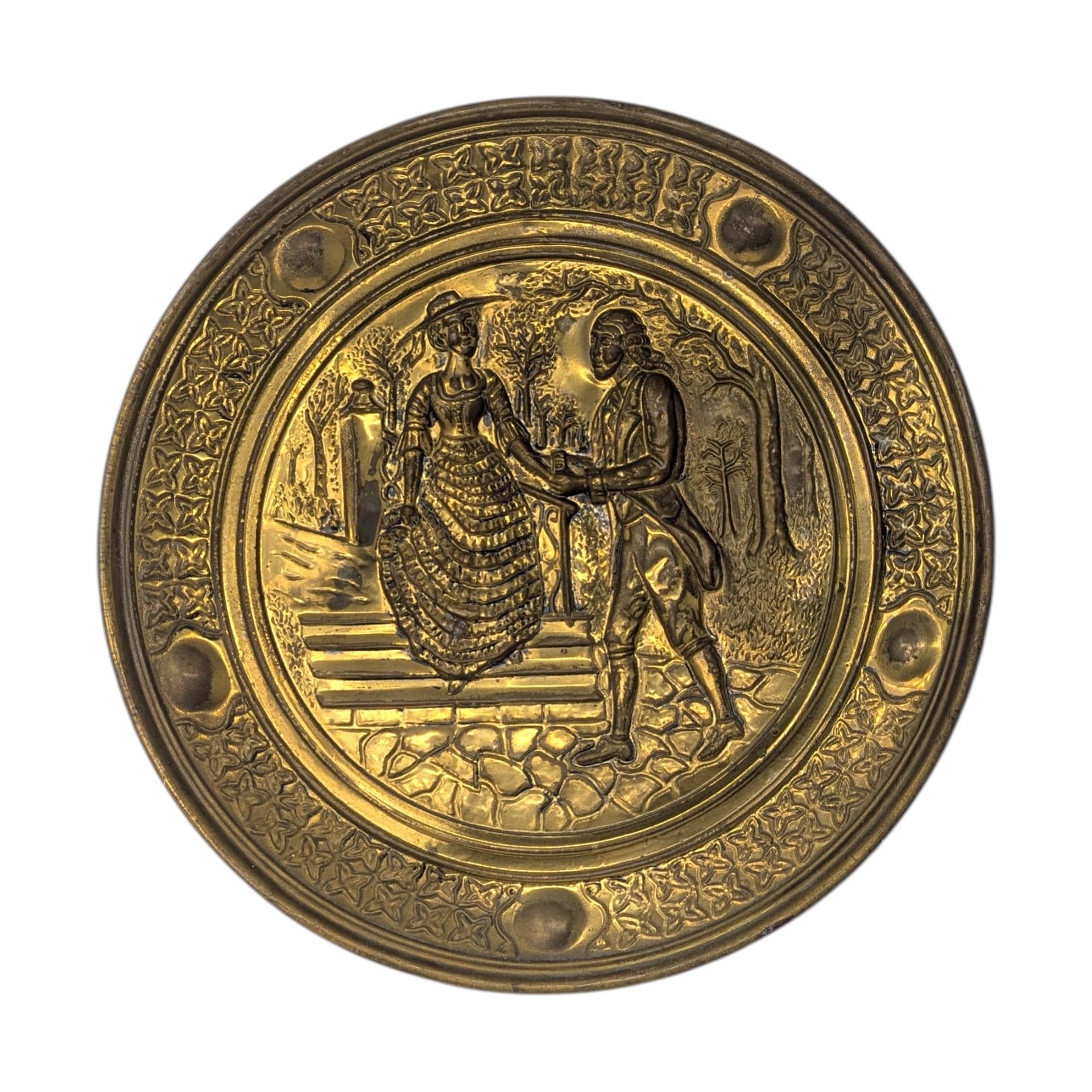 Vintage Large 14-Inch Brass Courting Scene Wall Plates