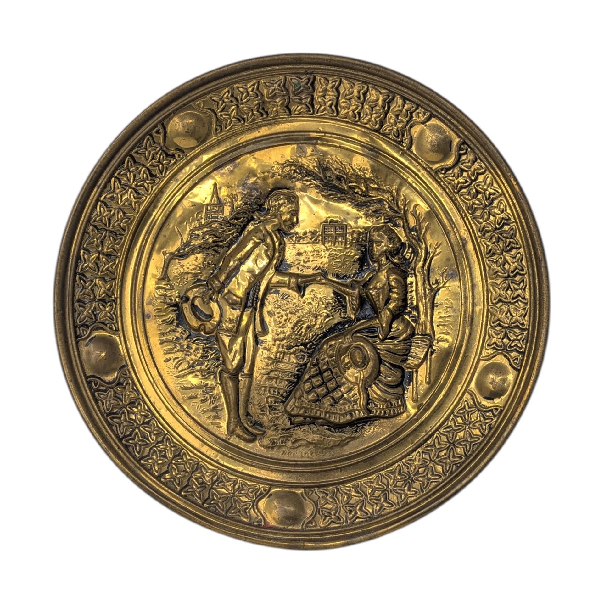Vintage Large 14-Inch Brass Courting Scene Wall Plates