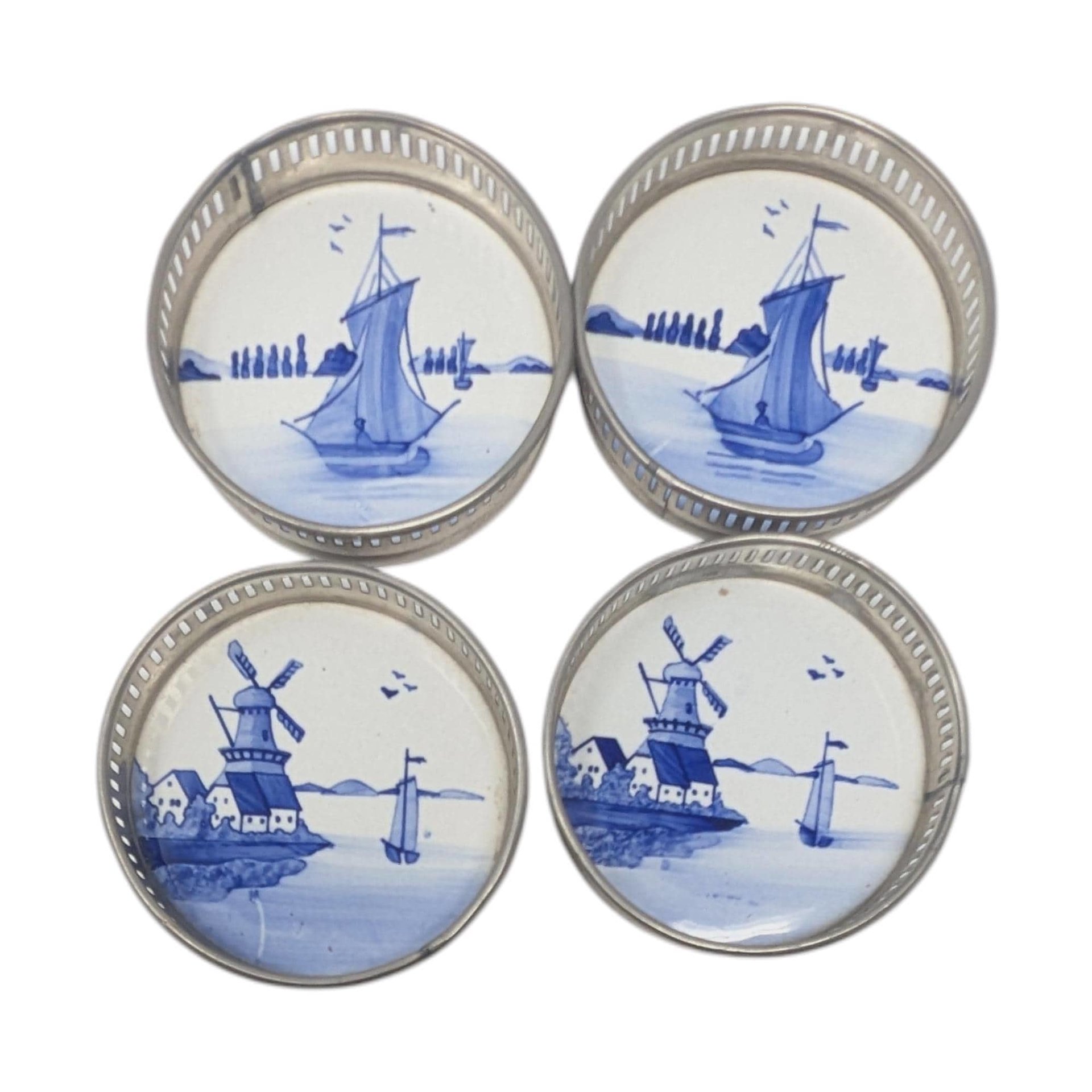 Vintage Blue Windmill Porcelain Tray & Coaster Set