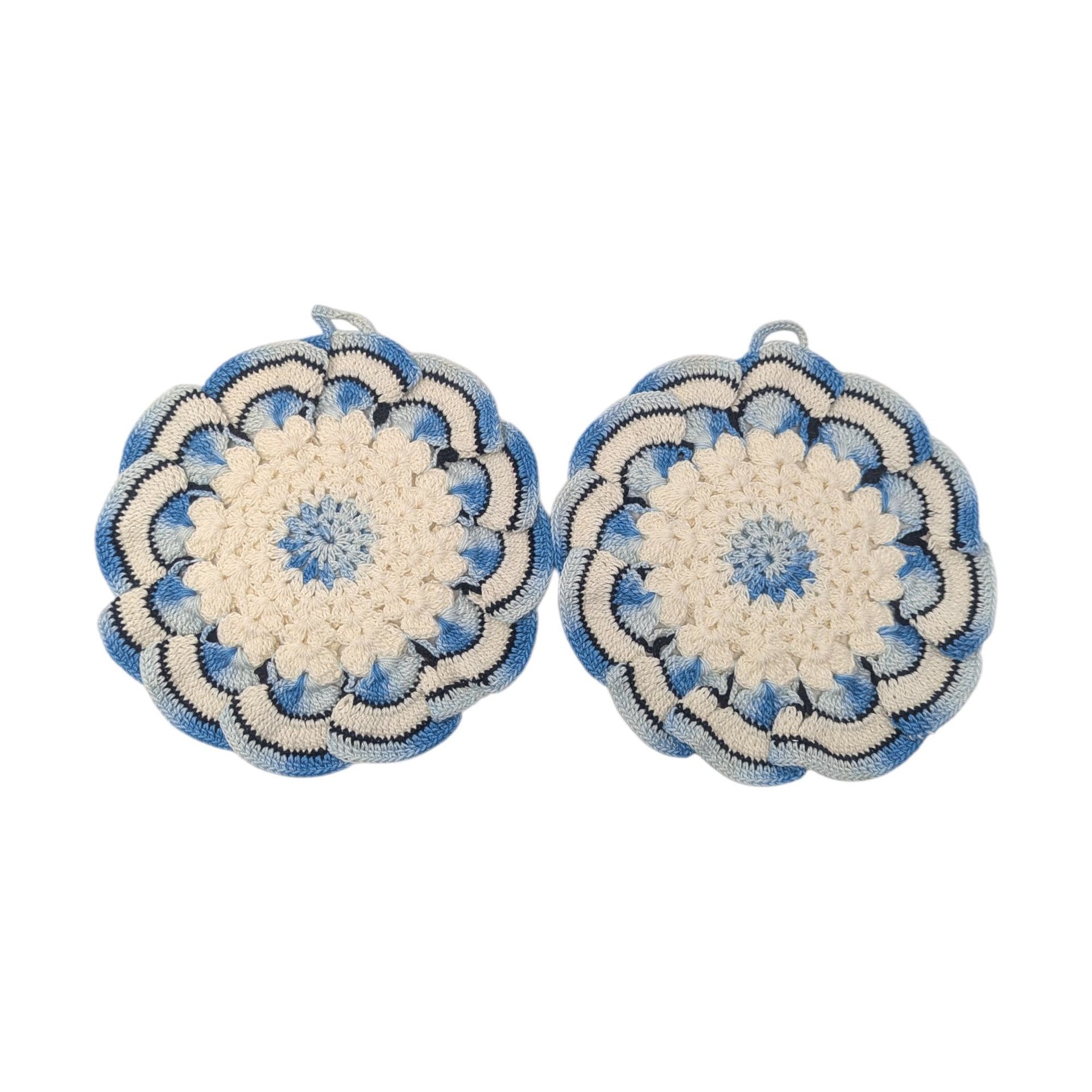 Vintage Blue and White Crochet Pot Holder Set