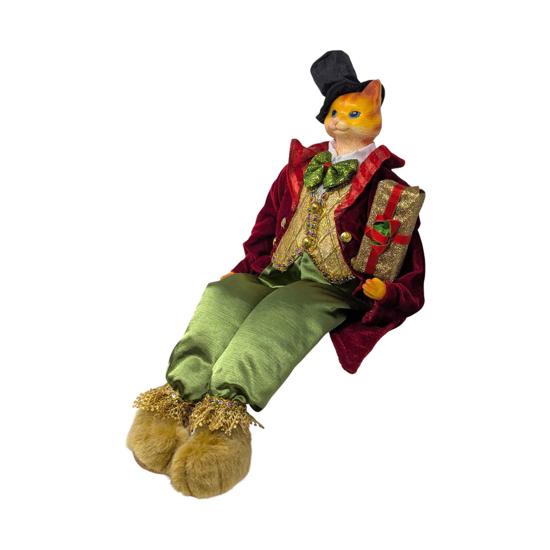 Vintage Anthropomorphic Cat Shelf Sitter - Dapper Holiday Feline