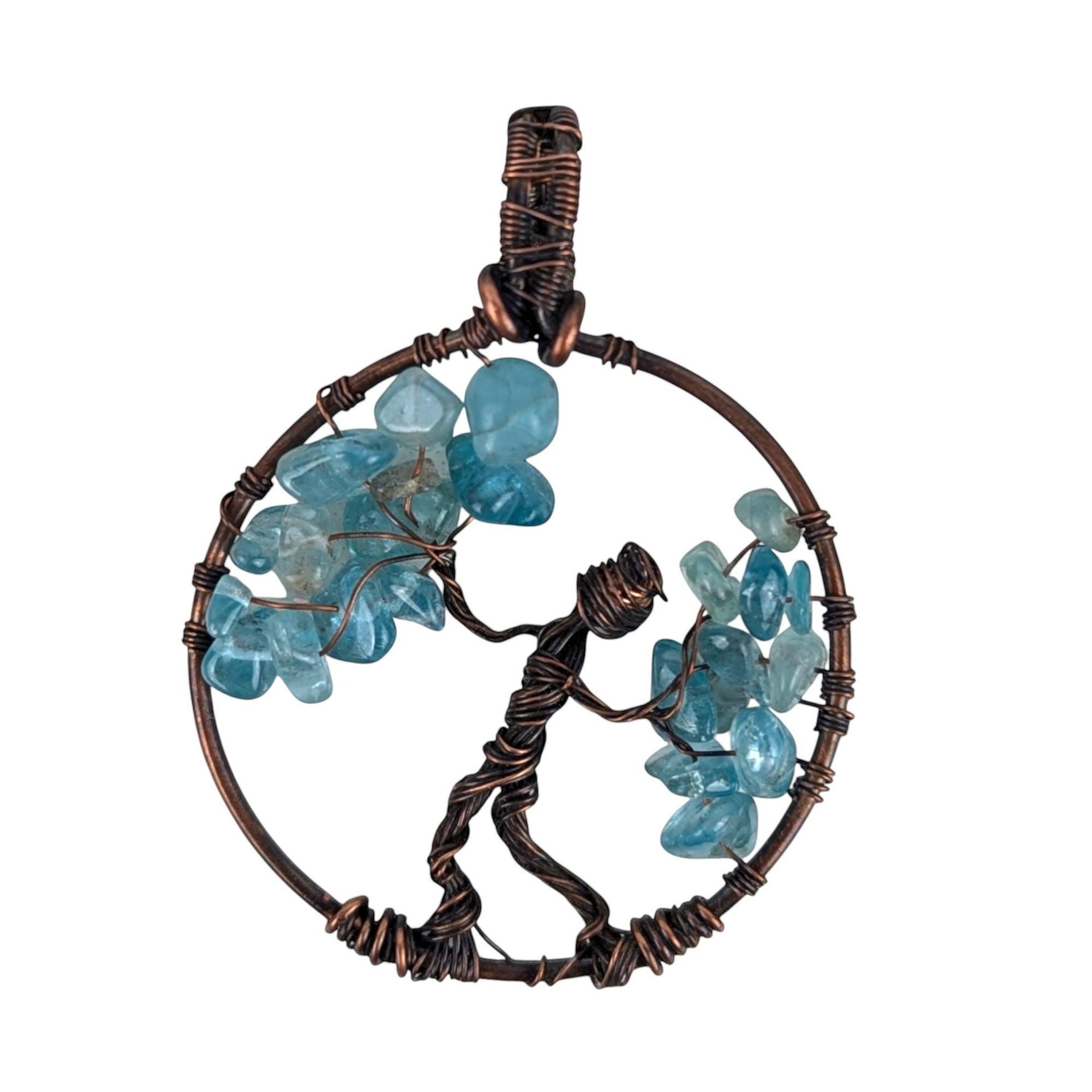 Handmade Copper Wire Figural Pendant with Blue Chips