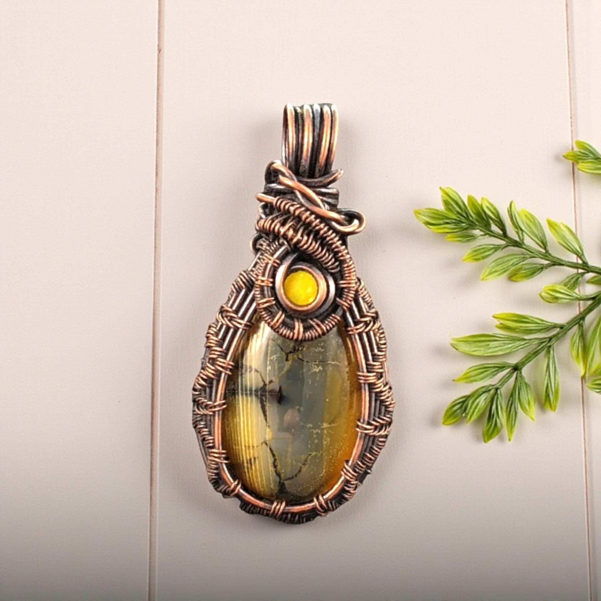 Handmade Dragon's Vein Agate Copper Wire Wrapped Pendant