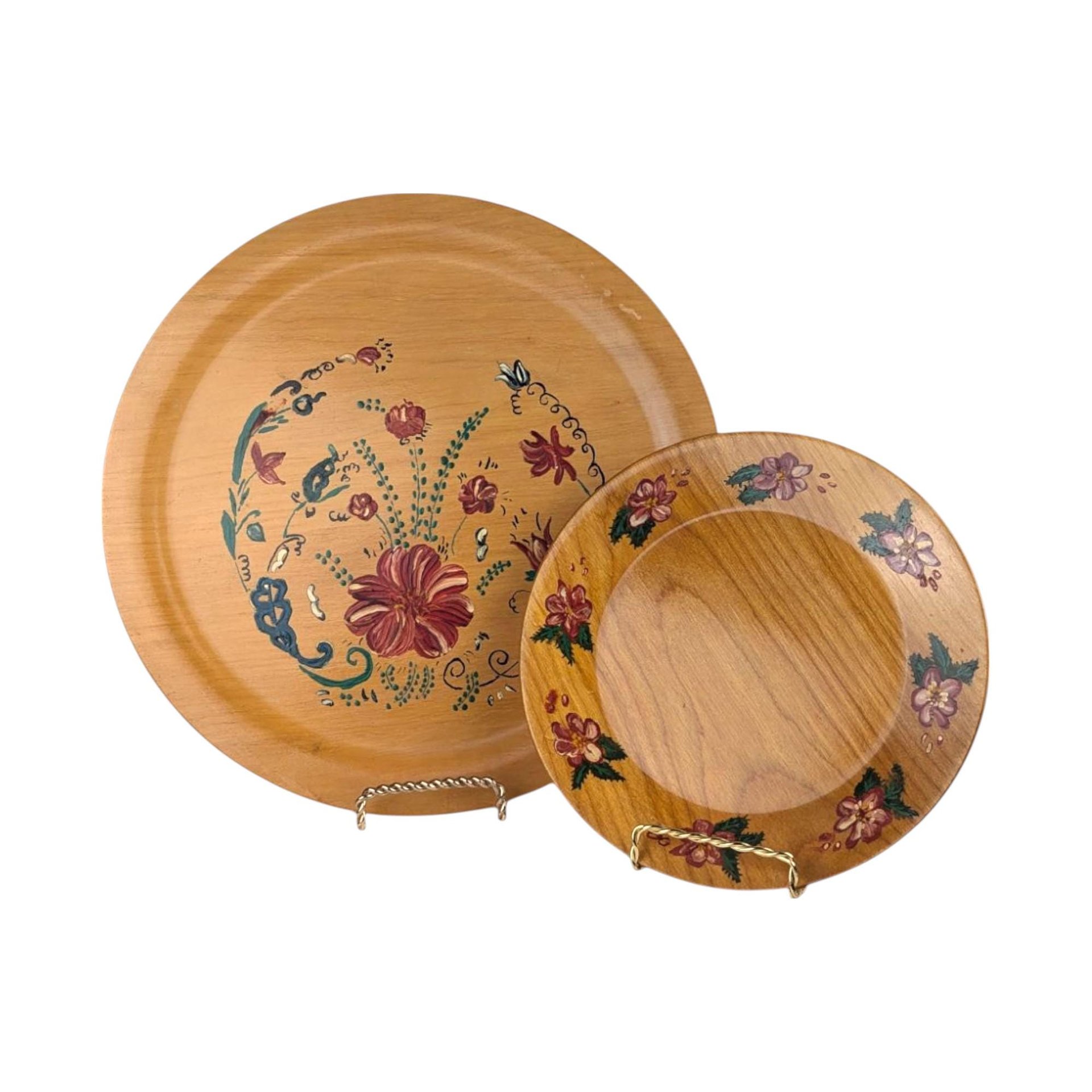 Pair of Vintage Hand-Painted Floral Wooden Plates