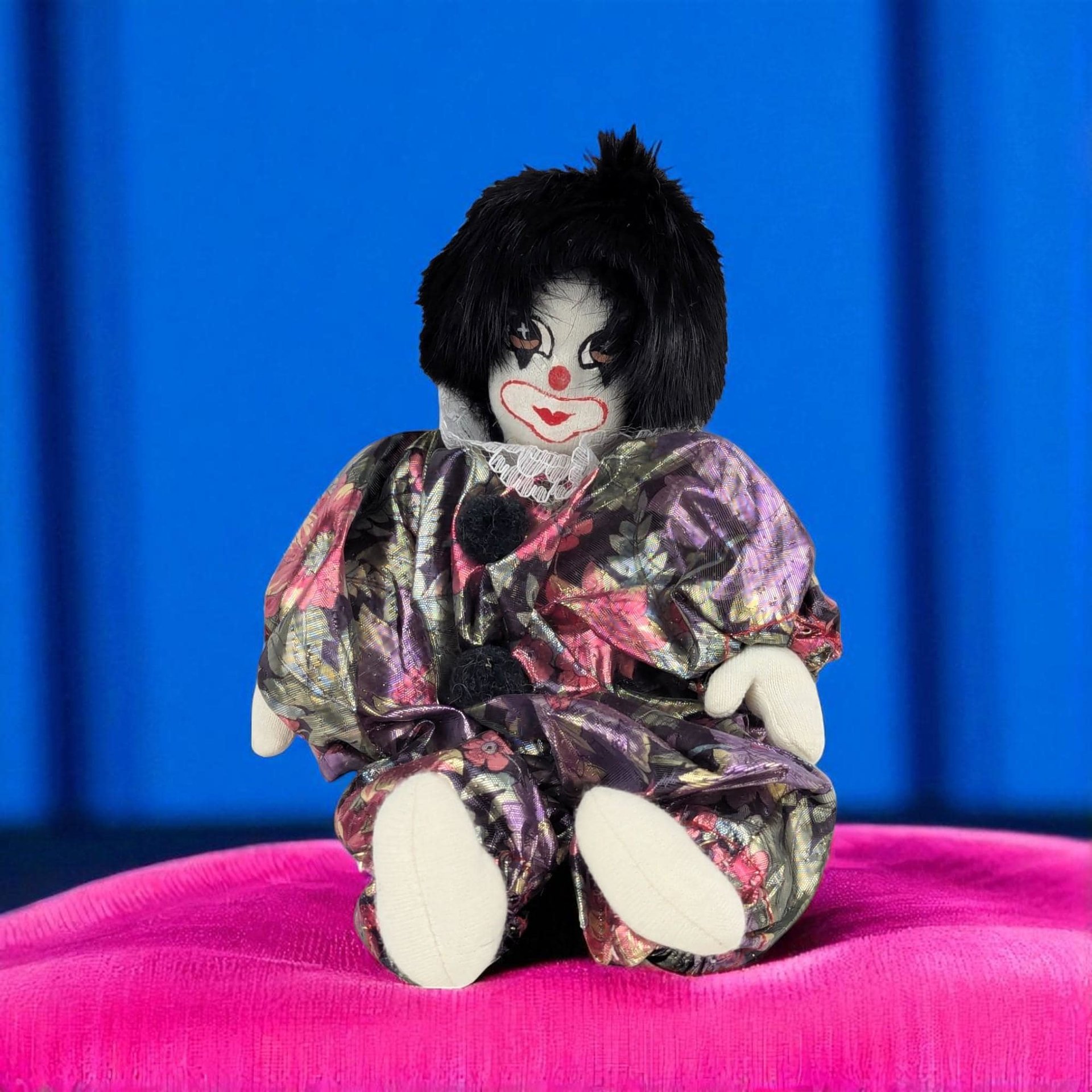 Vintage Floral Satin Miniature Clown Doll