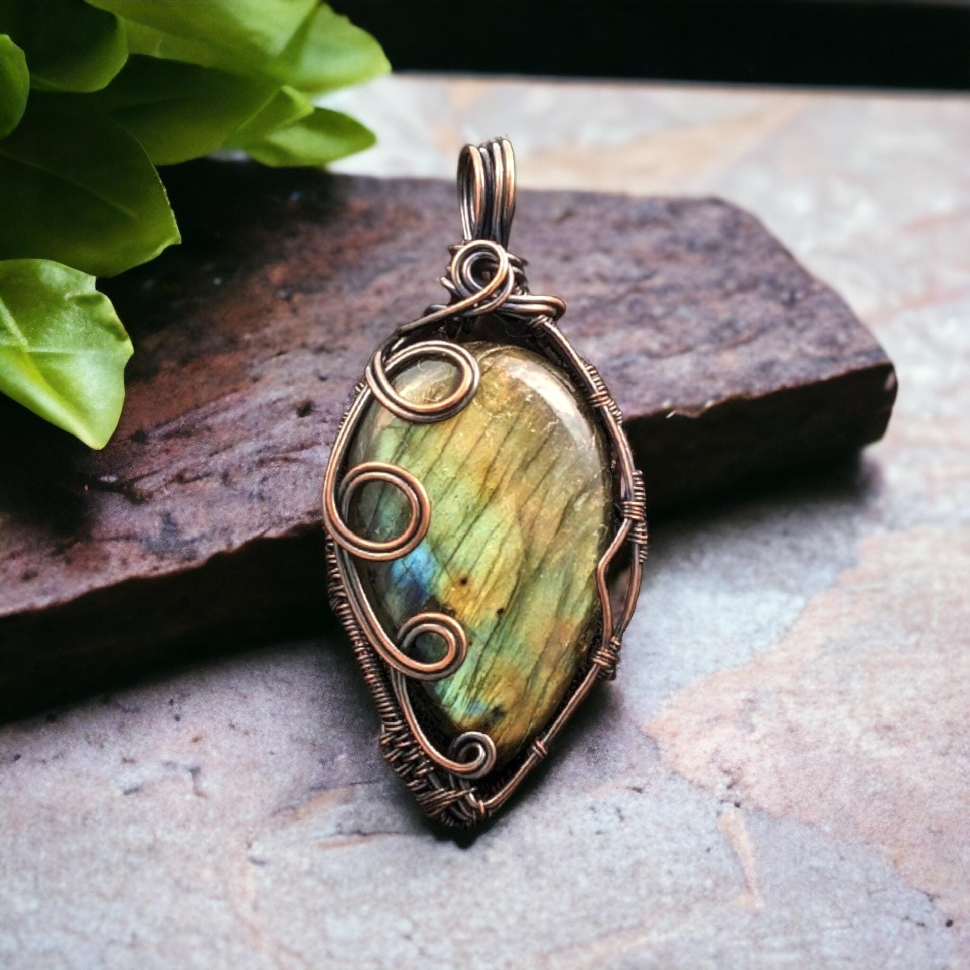 Handcrafted Copper Wire Wrapped Labradorite Pendant
