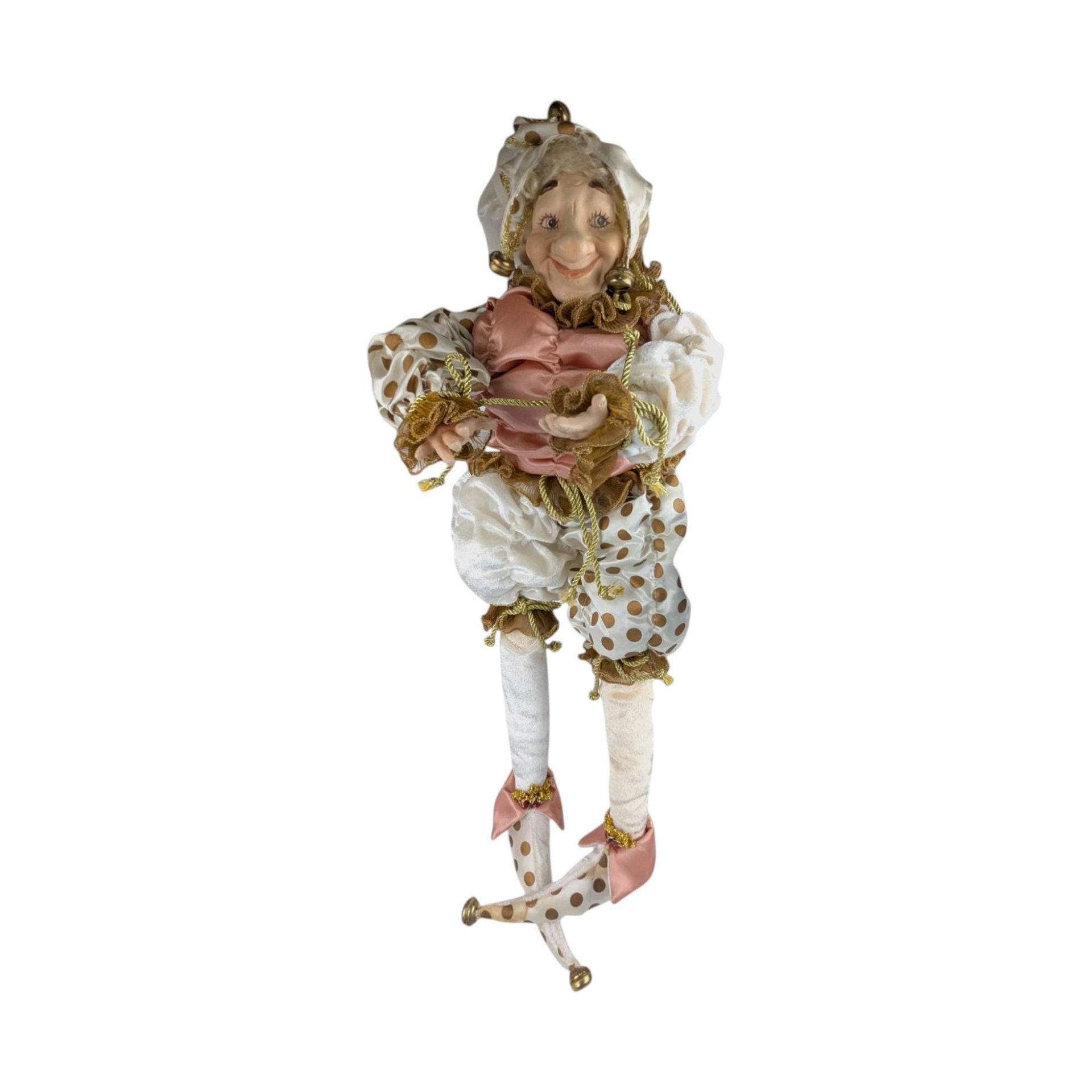 Vintage Pink and White Jester Doll with Gold Accents