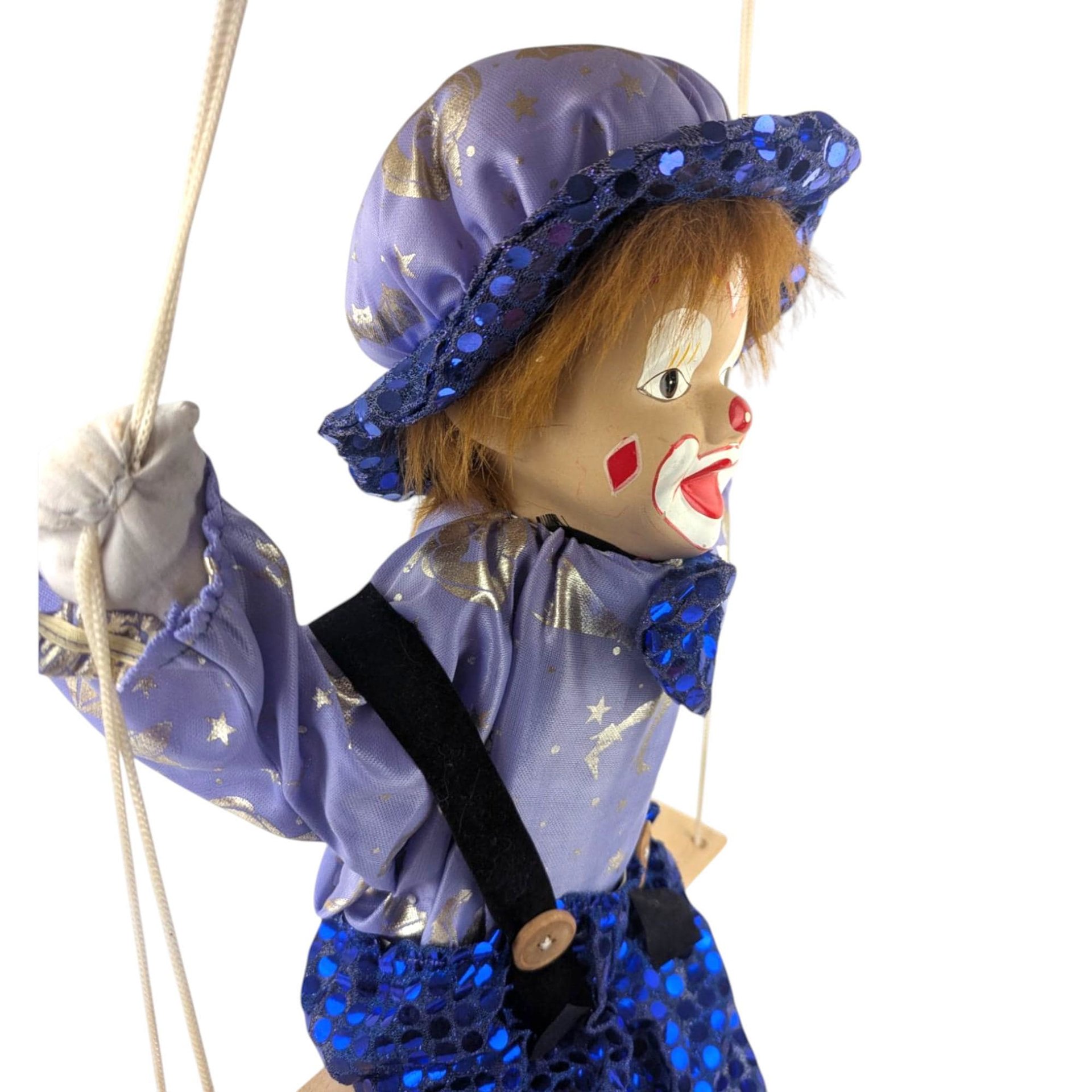 Vintage Purple and Blue Porcelain Swinging Clown Doll