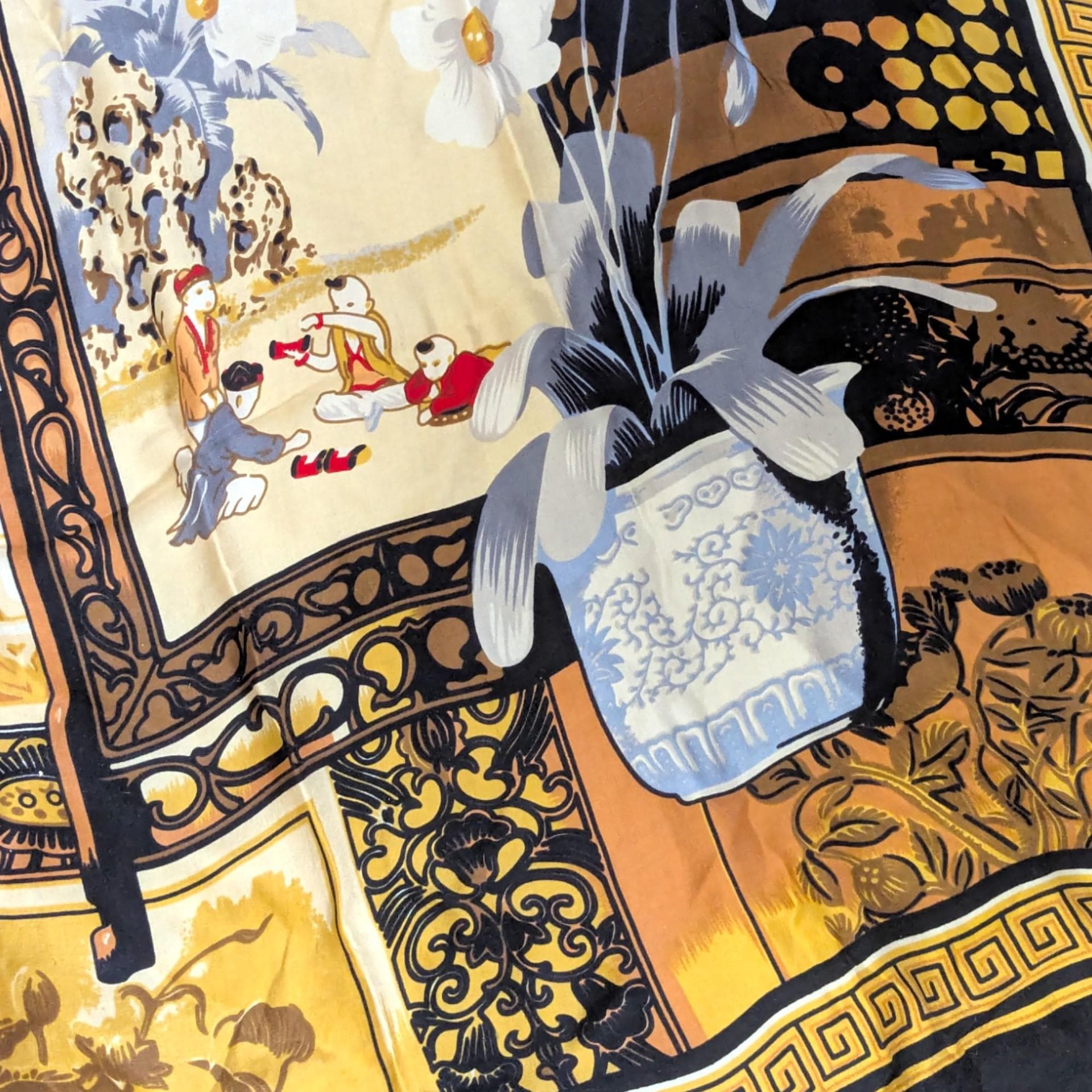 Vintage Huali Large Chinoiserie Silk Scarf