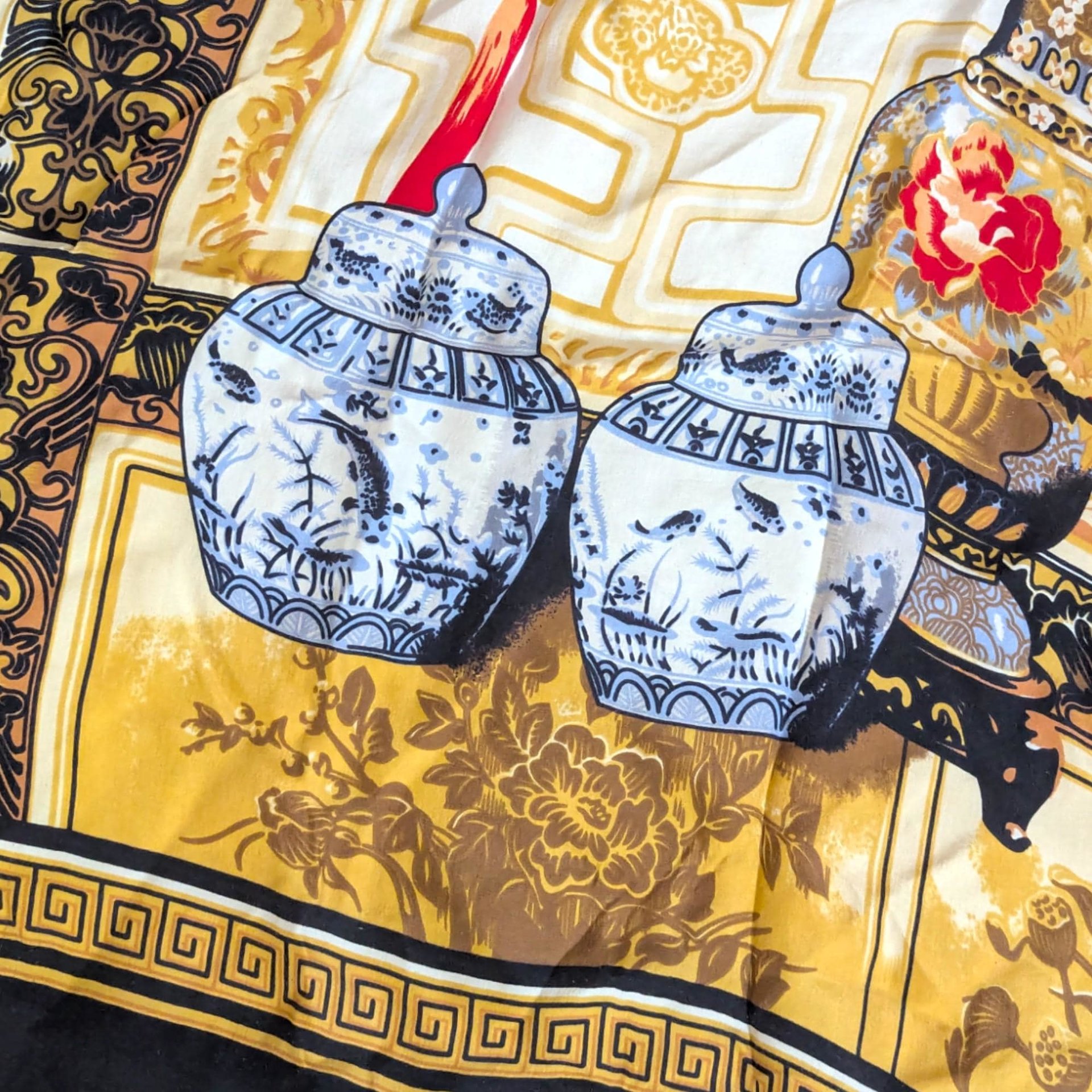 Vintage Huali Large Chinoiserie Silk Scarf