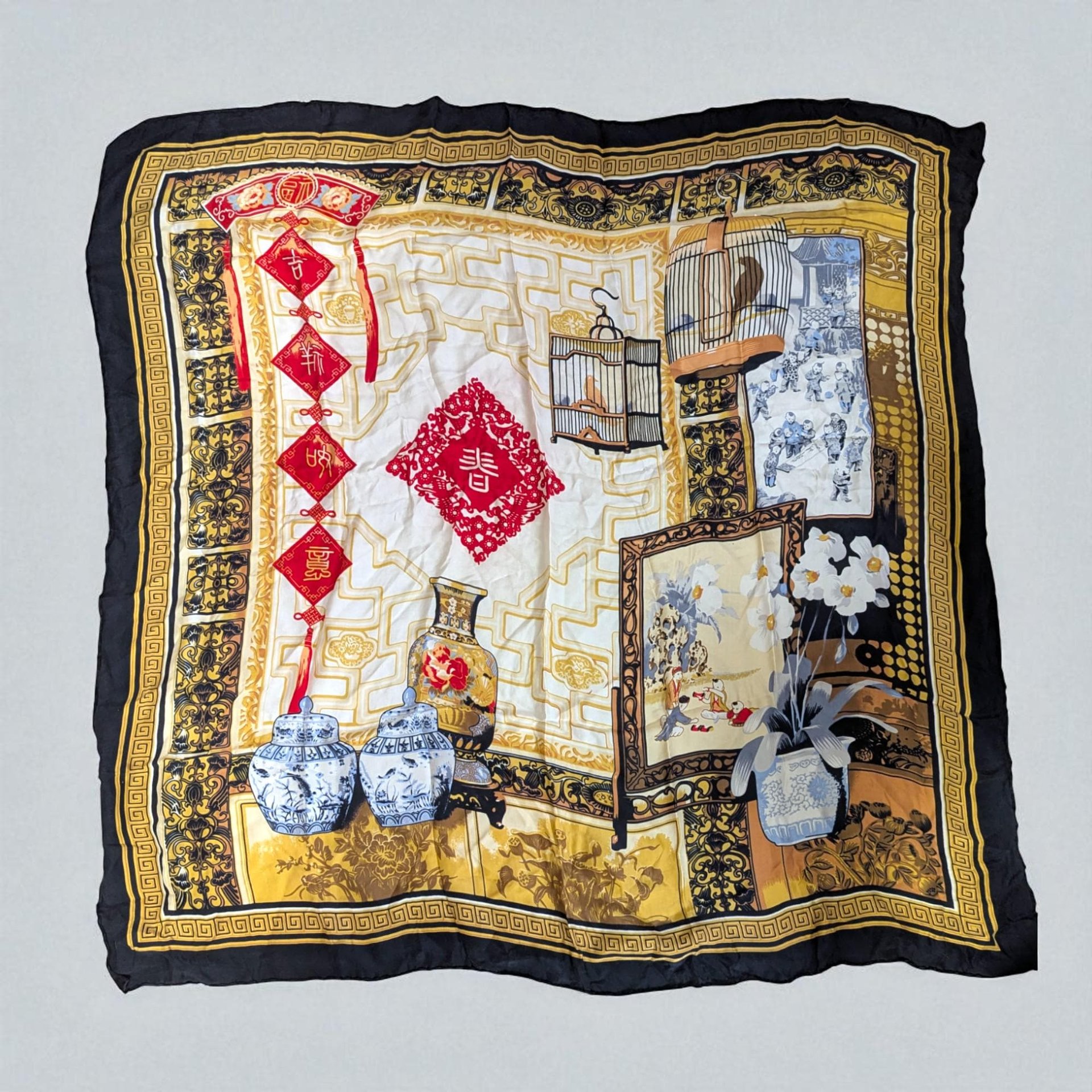 Vintage Huali Large Chinoiserie Silk Scarf