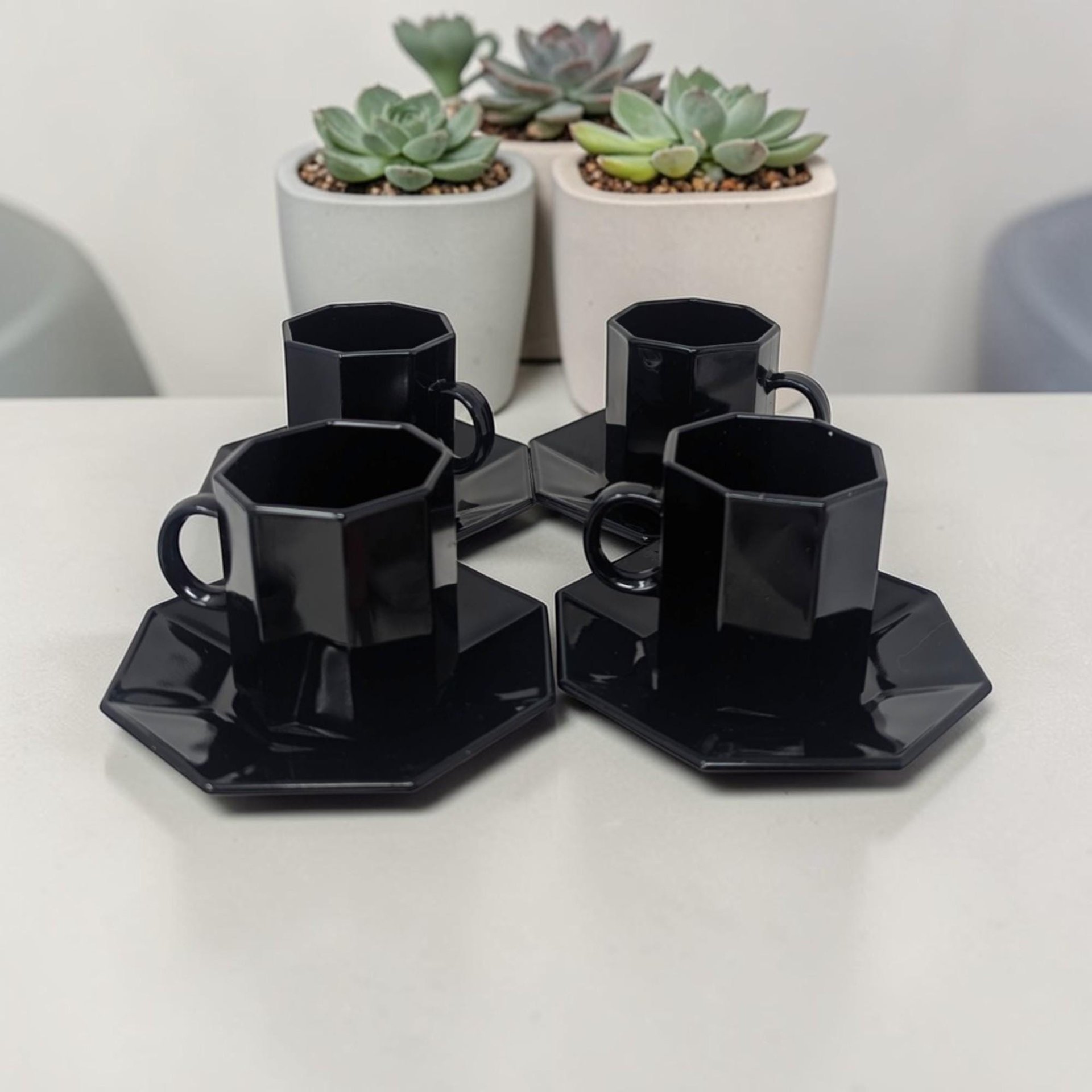 Vintage Arcoroc Octime Black Glass Coffee Set