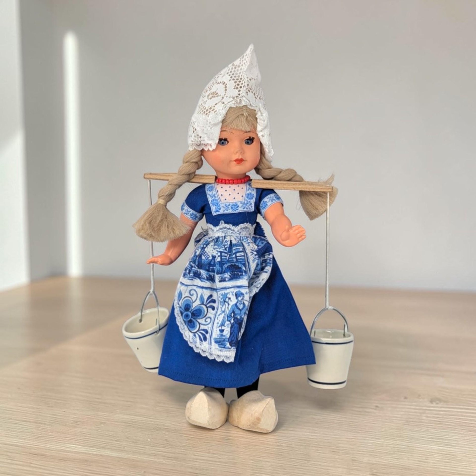 Vintage Dutch Milkmaid Doll with Ceramic Pails