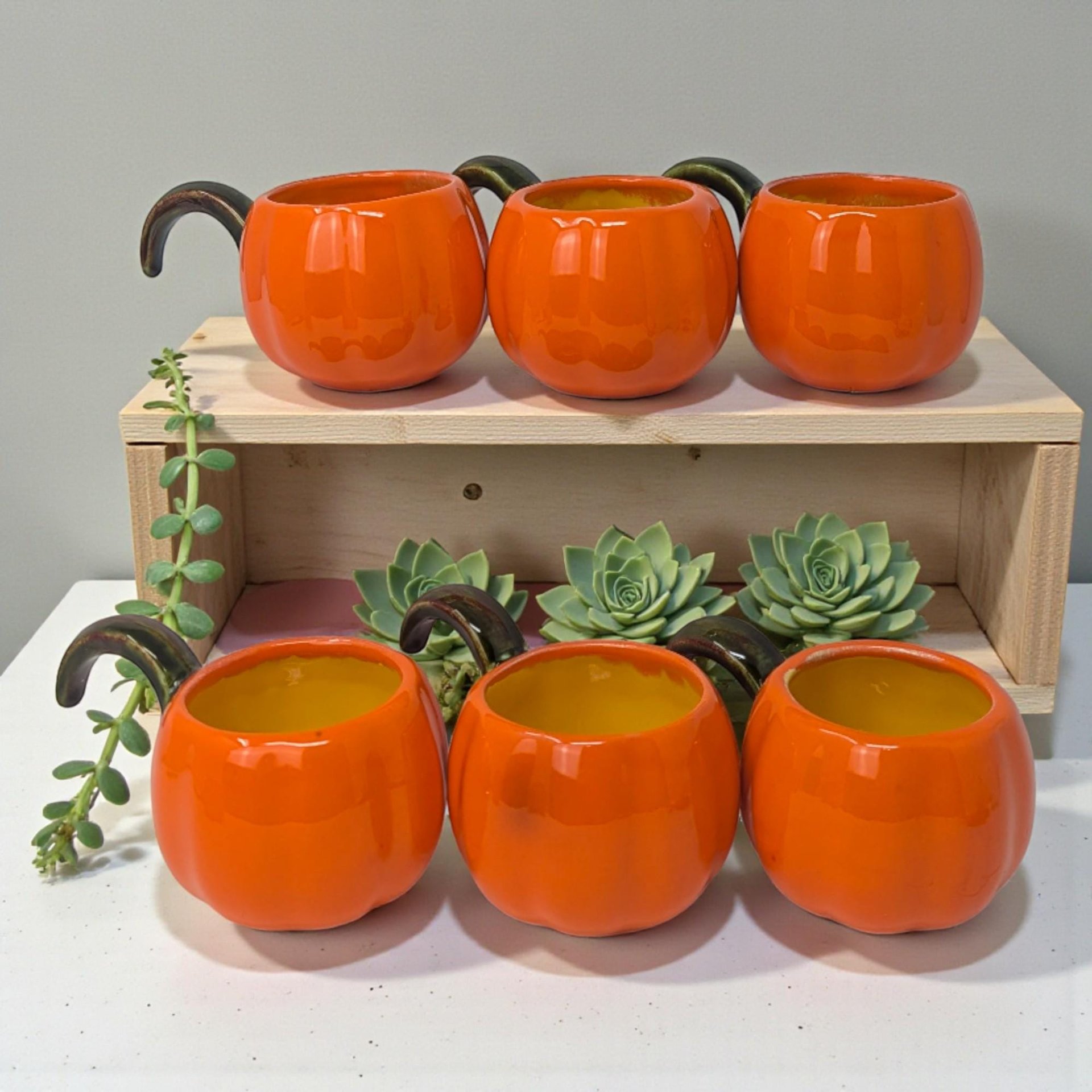 Set of Six Hand-Painted Pumpkin Cups