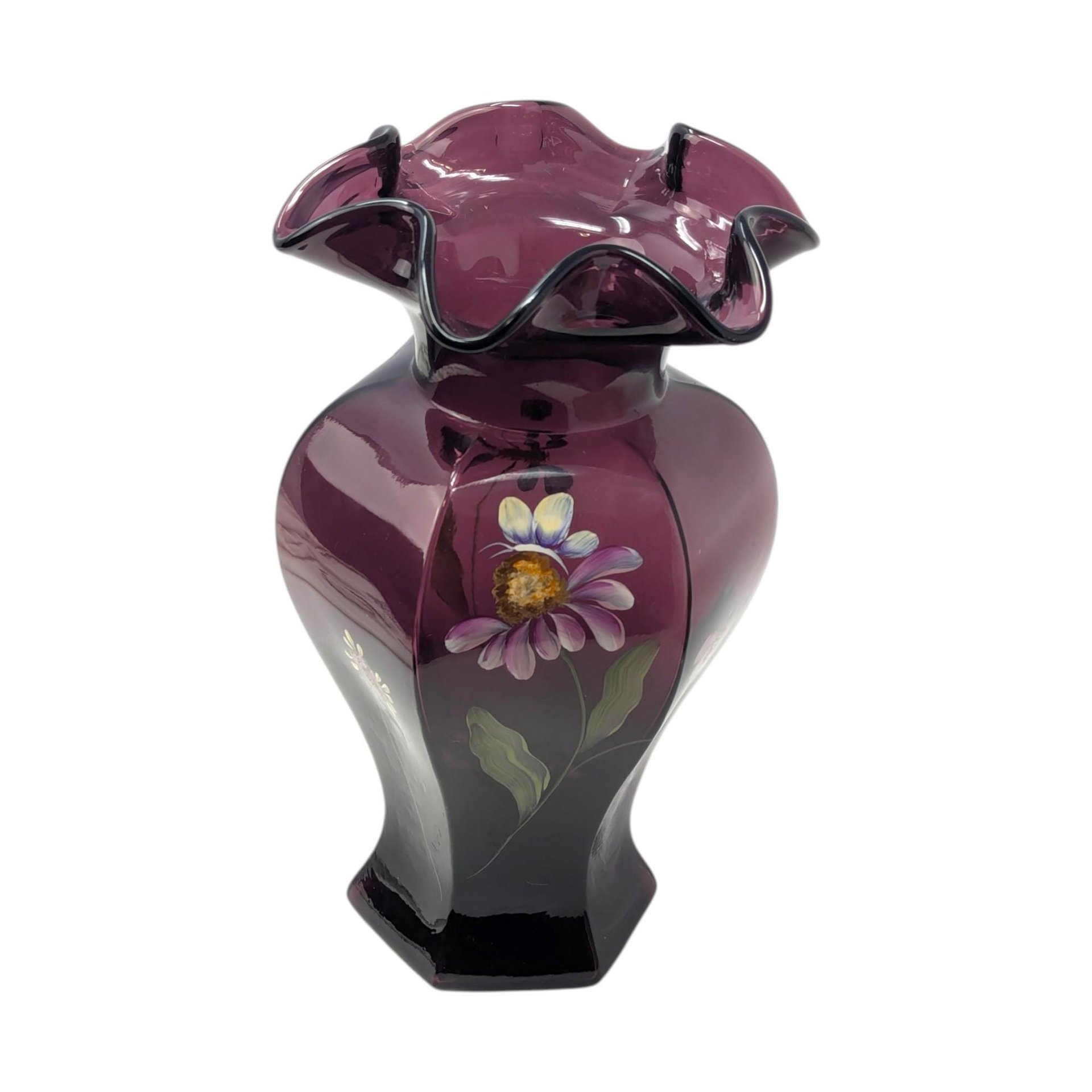 Fenton Mulberry Hand Painted Vase – Vintage Floral Art Glass Decorative Piece