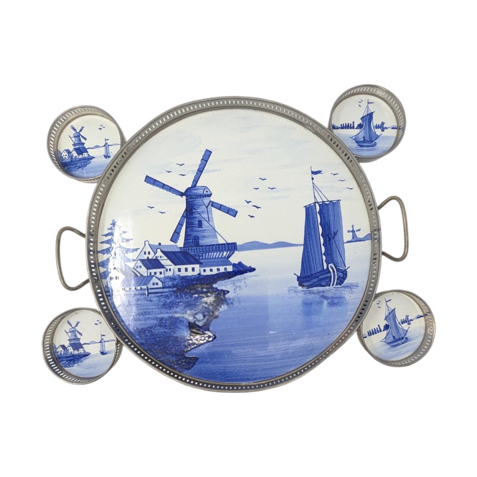 Vintage Blue Windmill Porcelain Tray & Coaster Set