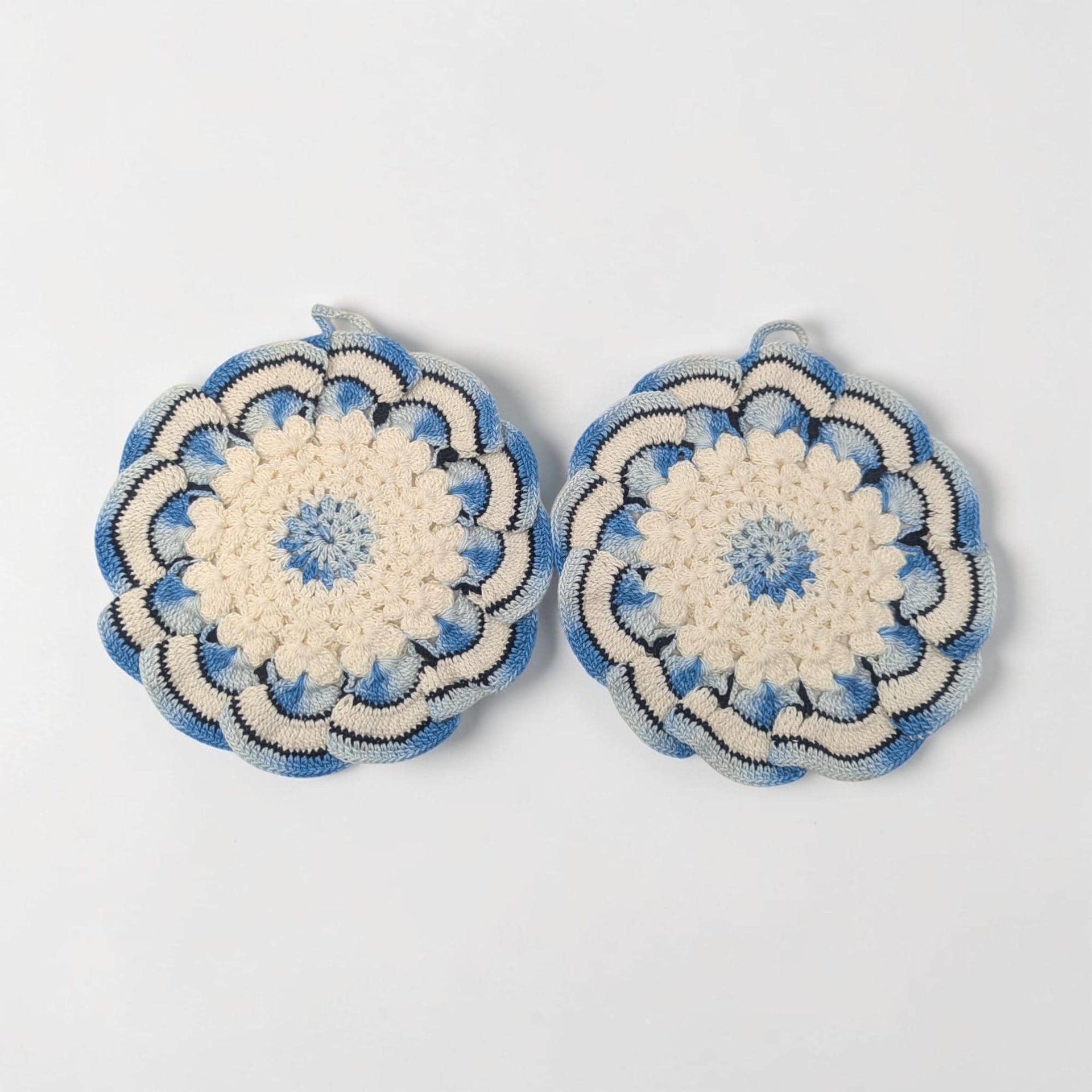 Vintage Blue and White Crochet Pot Holder Set