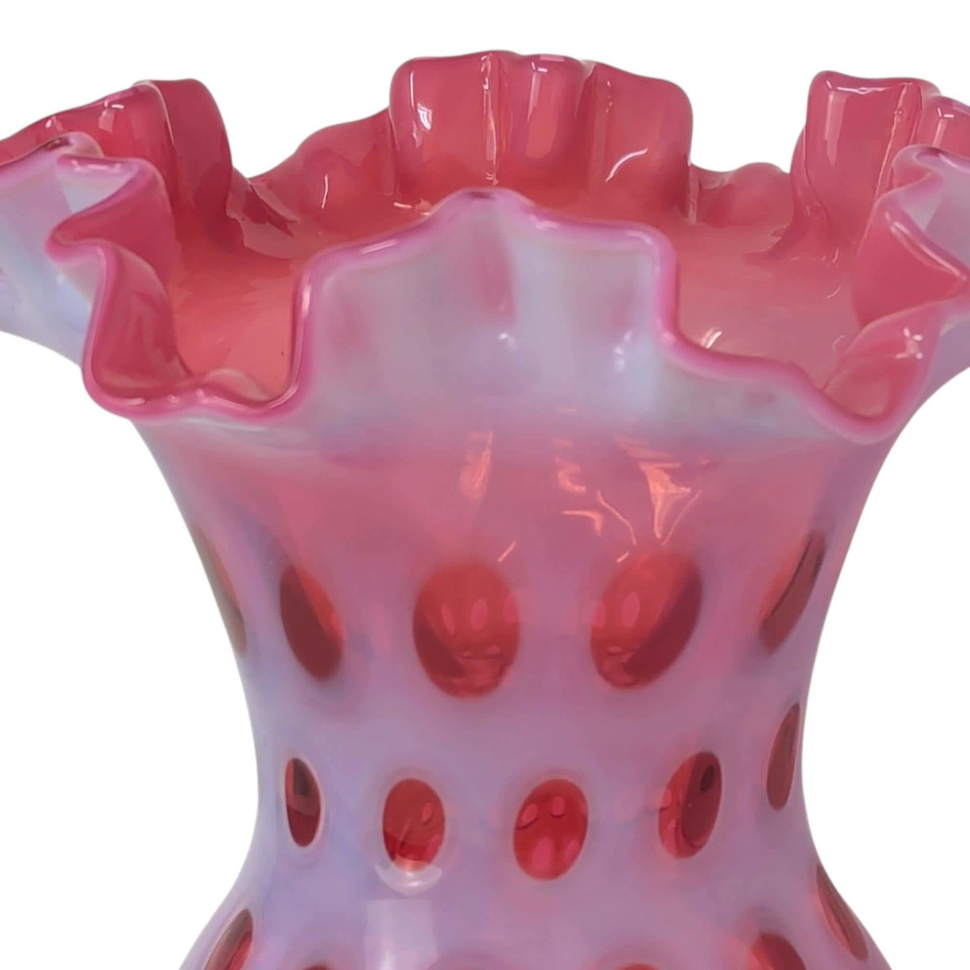 Fenton Cranberry Coin Dot Vase – Vintage Ruffled Art Glass Decorative Vessel