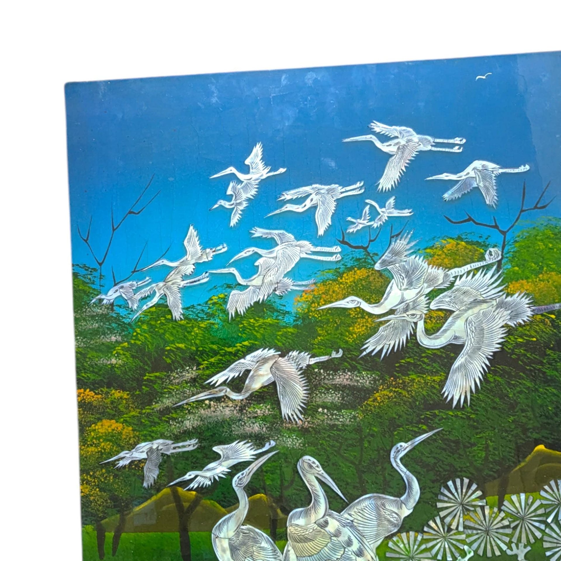 Vintage Mother of Pearl Crane Wall Panel