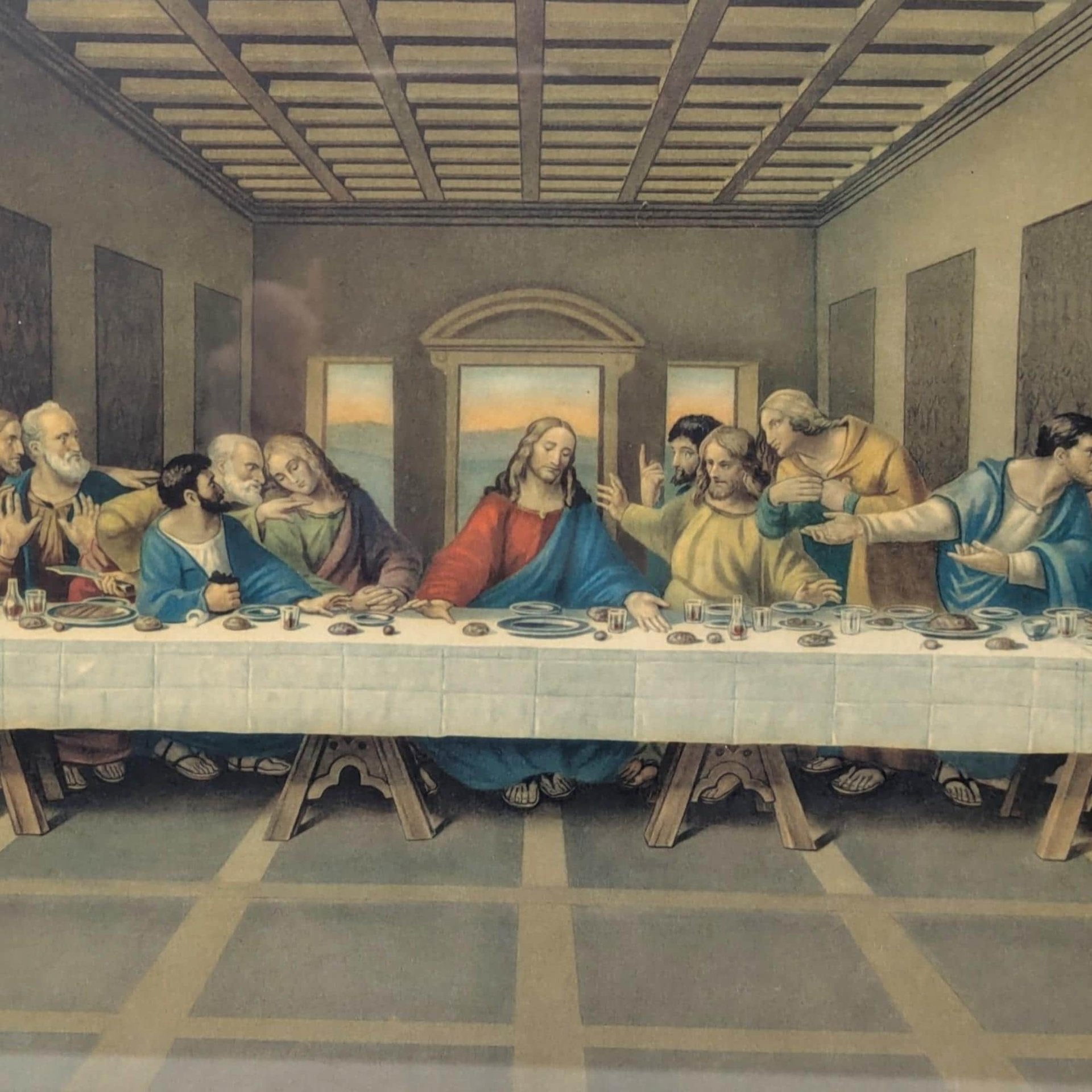 1970s Last Supper Print in Ornate Gold Tone Frame – Religious Art Traditional Framed Decor