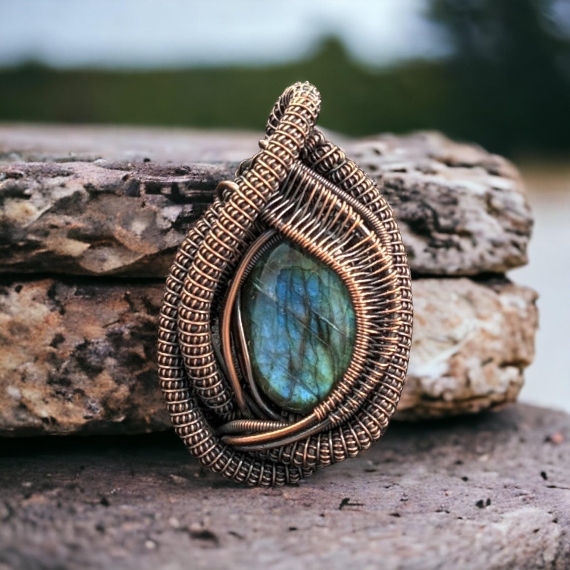 Handmade Copper Wire Wrapped Labradorite Pendant