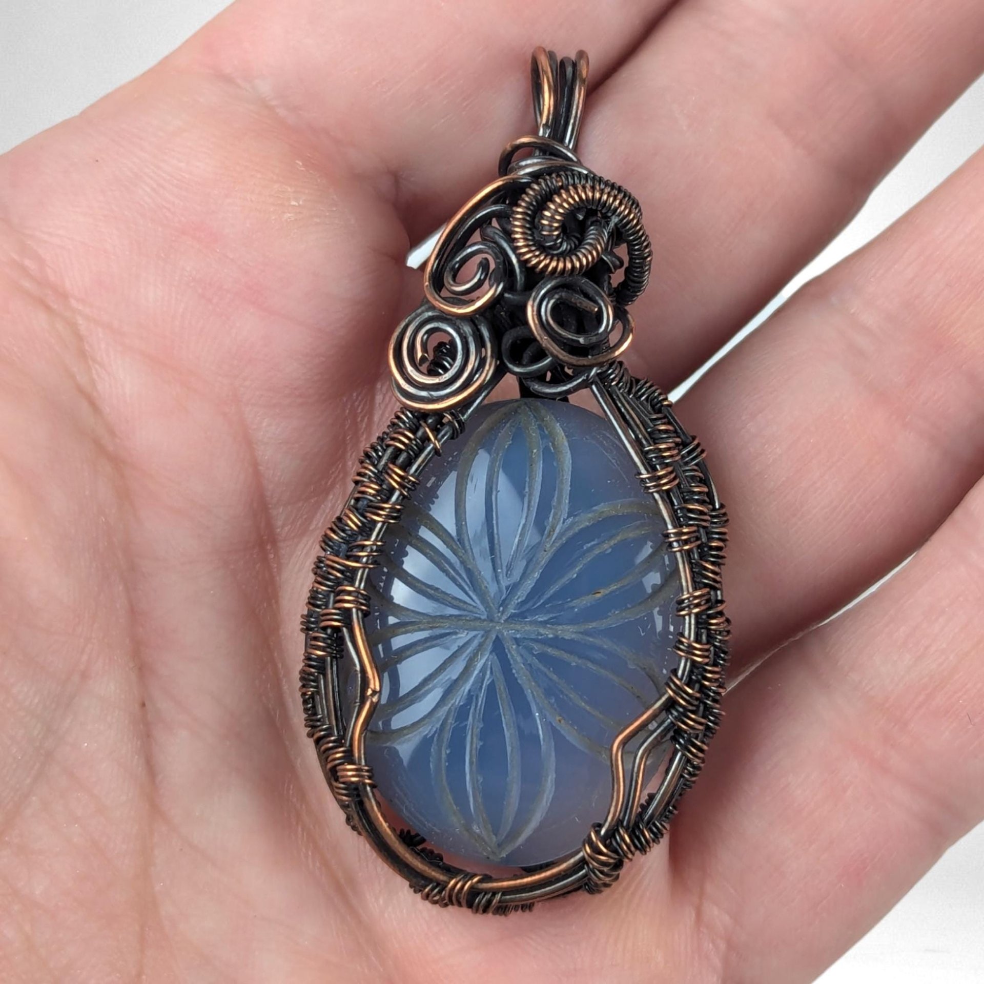 Handmade Carved Blue Onyx Floral Copper Pendant