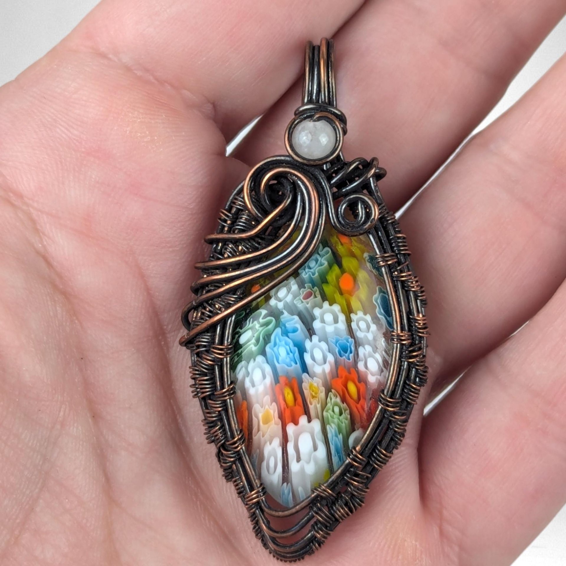 Handmade Millefiori Glass and Rose Quartz Copper Pendant