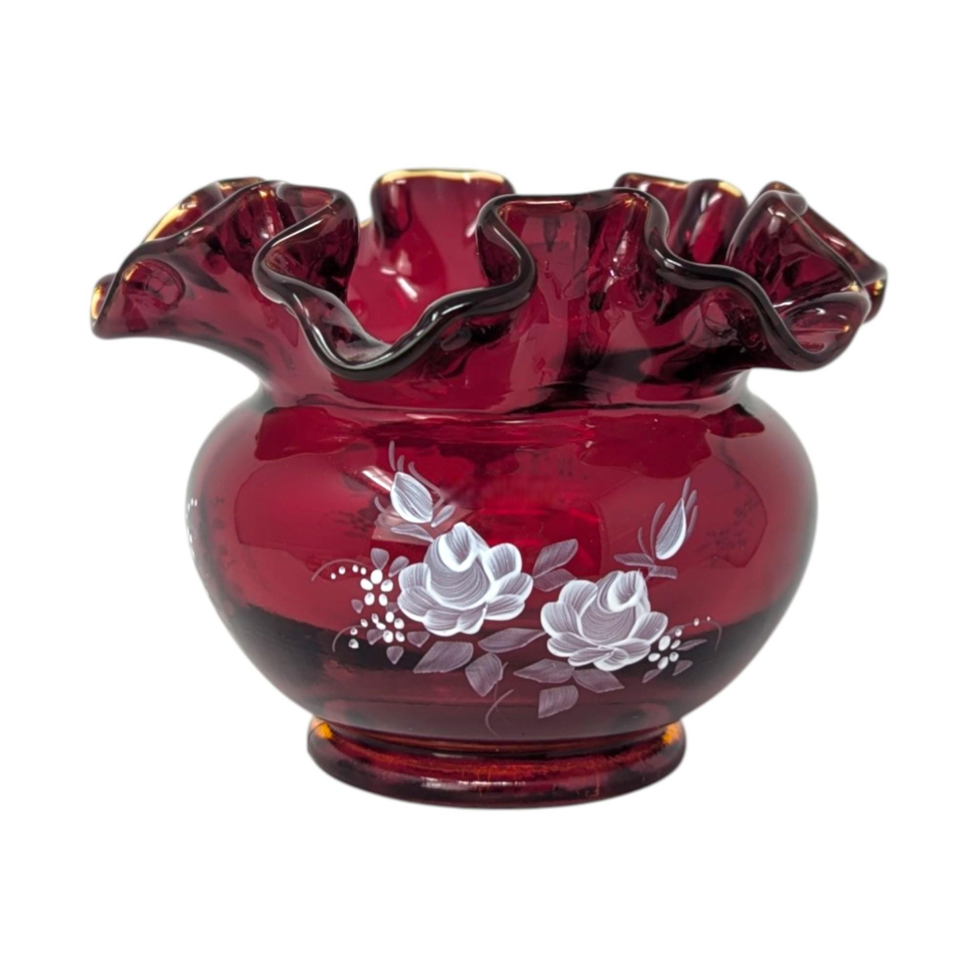 Vintage Fenton Ruby Red Hand Painted Vase