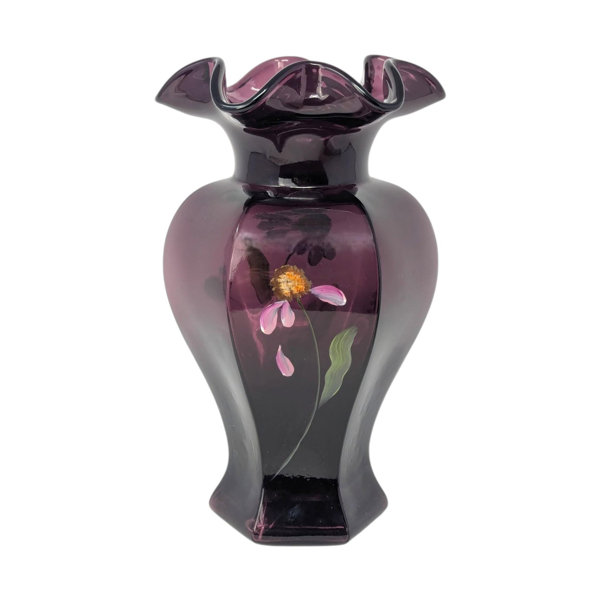 Fenton Mulberry Hand Painted Vase – Vintage Floral Art Glass Decorative Piece